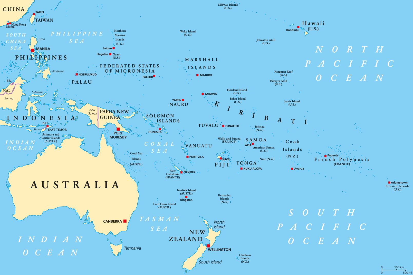 Oceania,Political,Map.,Region,,Centered,On,Central,Pacific,Ocean,Islands.