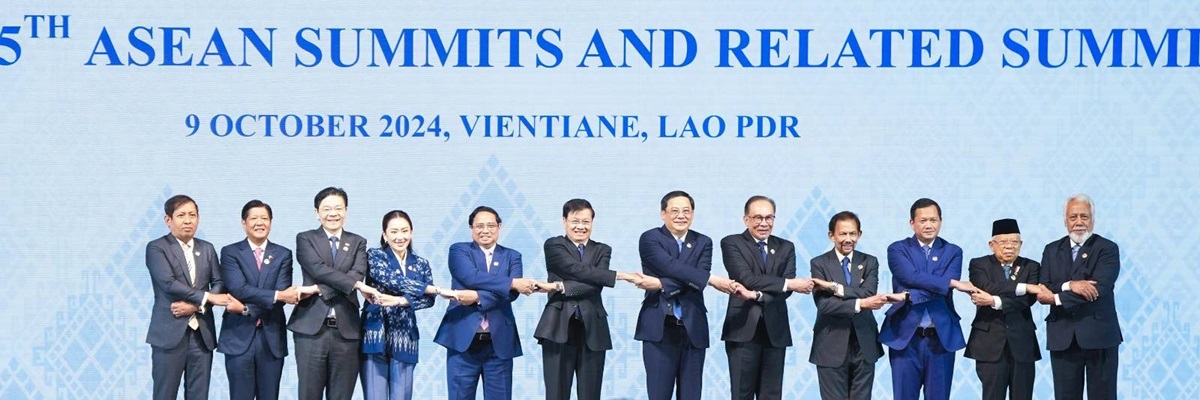 China ASEAN relations Start The leaders of the Association of Southeast Asian Nations ASEAN pose for a family picture doing the signature ASEAN way handshake at the ASEAN Summit in Vientiane Laos on 9 October 2024