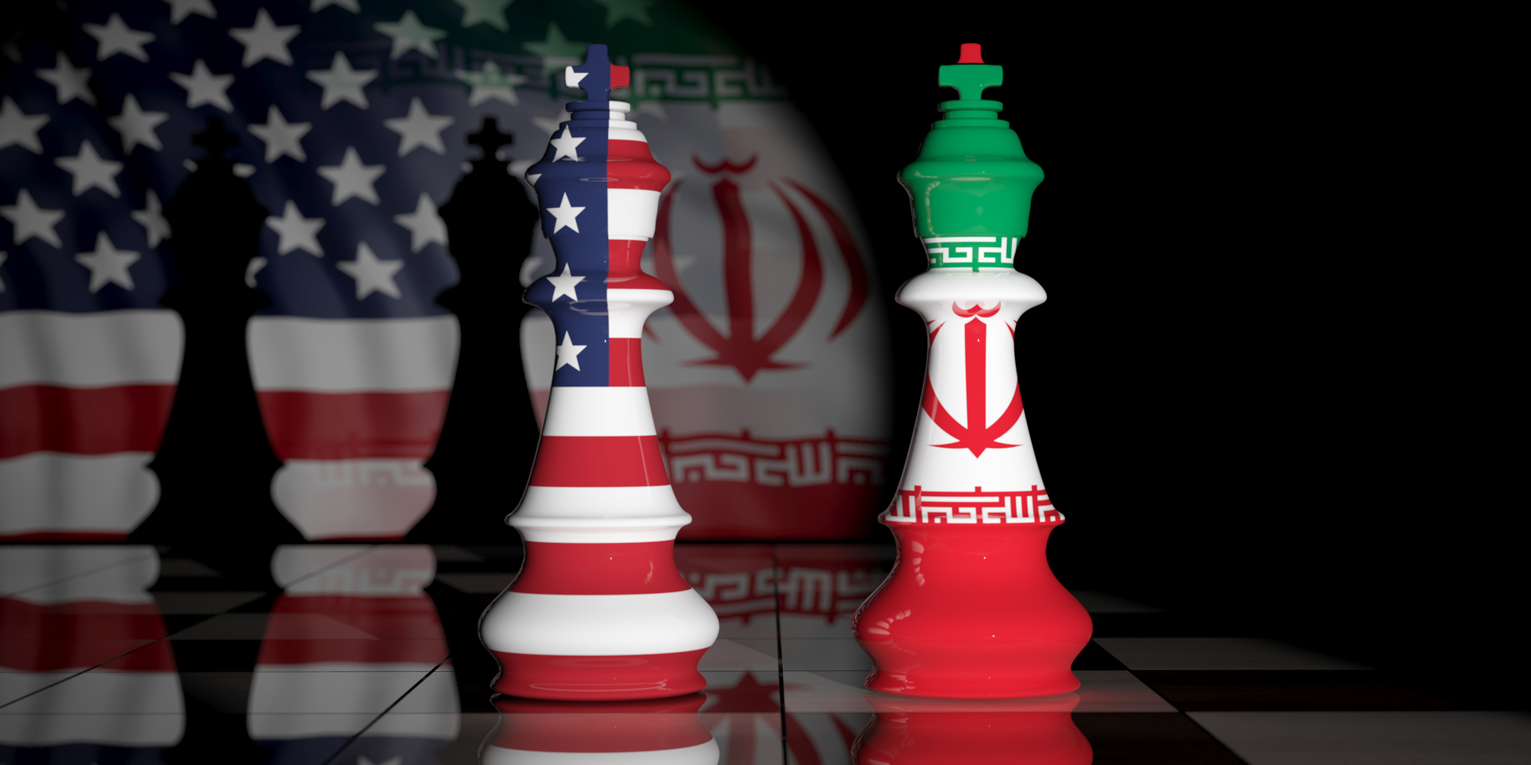 US Iran Relationship. Start USA and Iran relationship. US America and Iran flags on chess kings on a chess board.