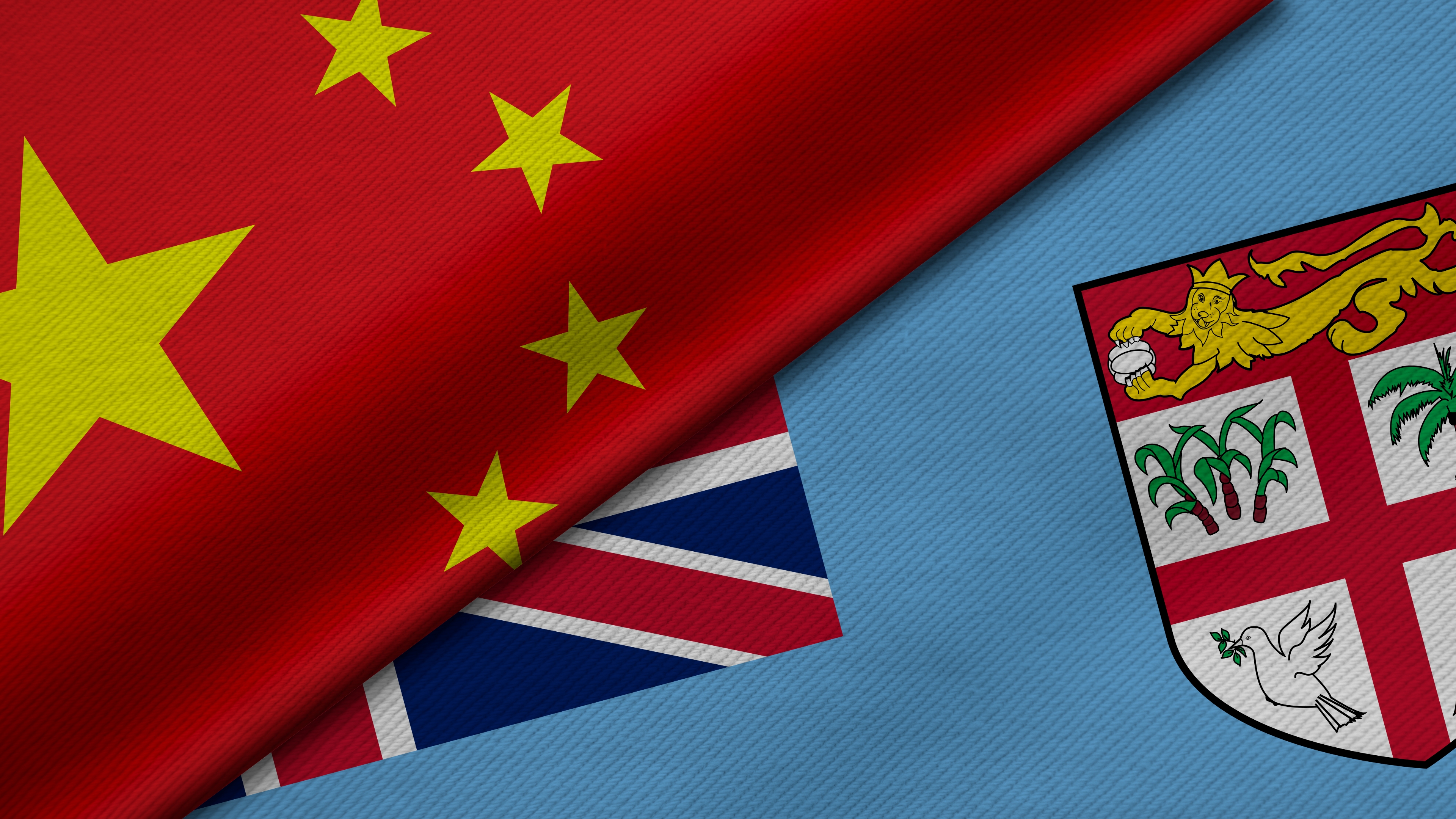 Fiji China Relations Analysis. Start 3D Rendering of two flags from China and Republic of Fiji together with fabric texture, bilateral relations, peace and conflict between countries, great for background.
