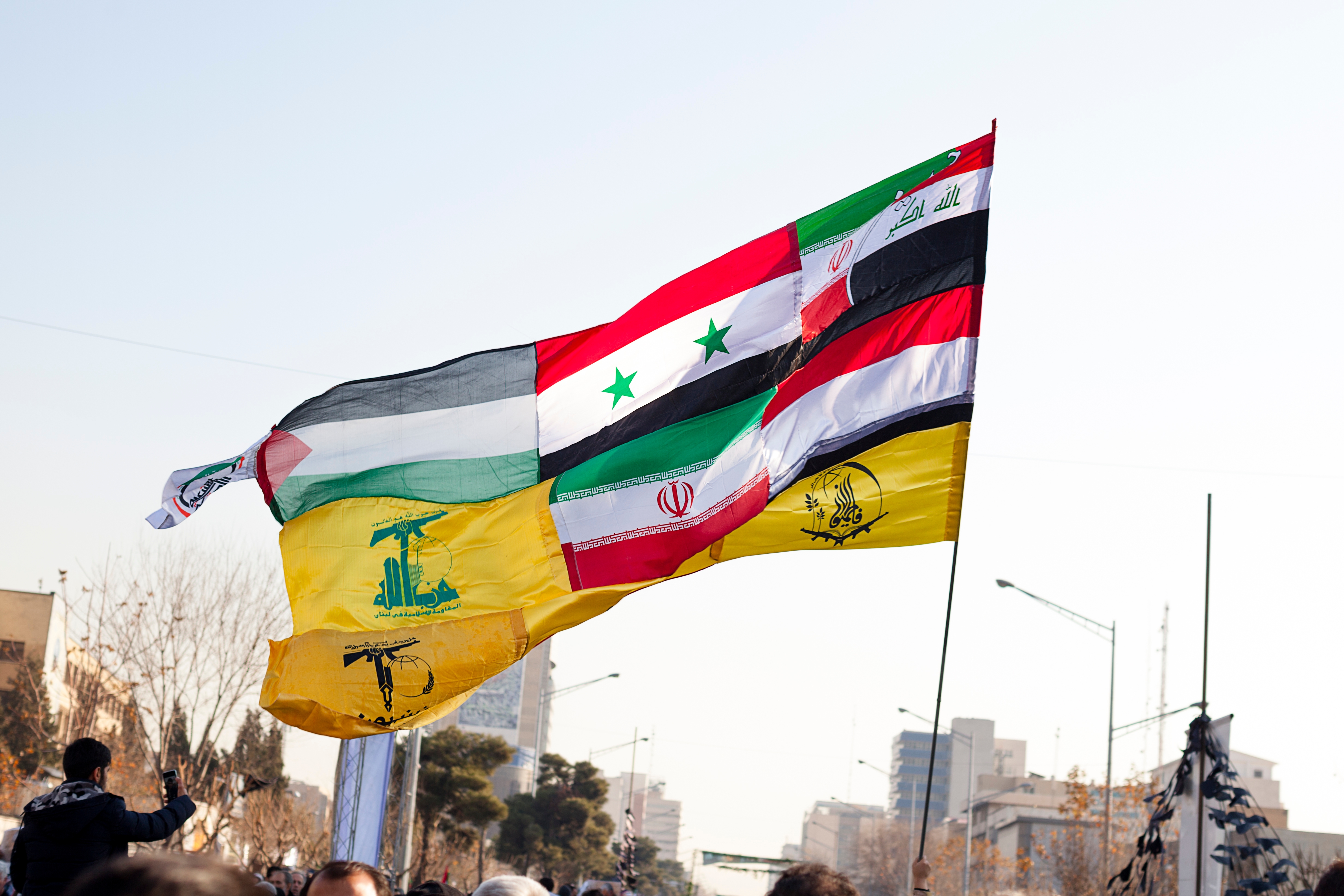 Start The flags of the allied resistance groups with Iran, the flags of Hamas, Hezbollah, Yemen, Iraq, Fatimids, the popular uprising and the Islamic Republic of Iran together. Iran Tehran, Jan 7, 2020.