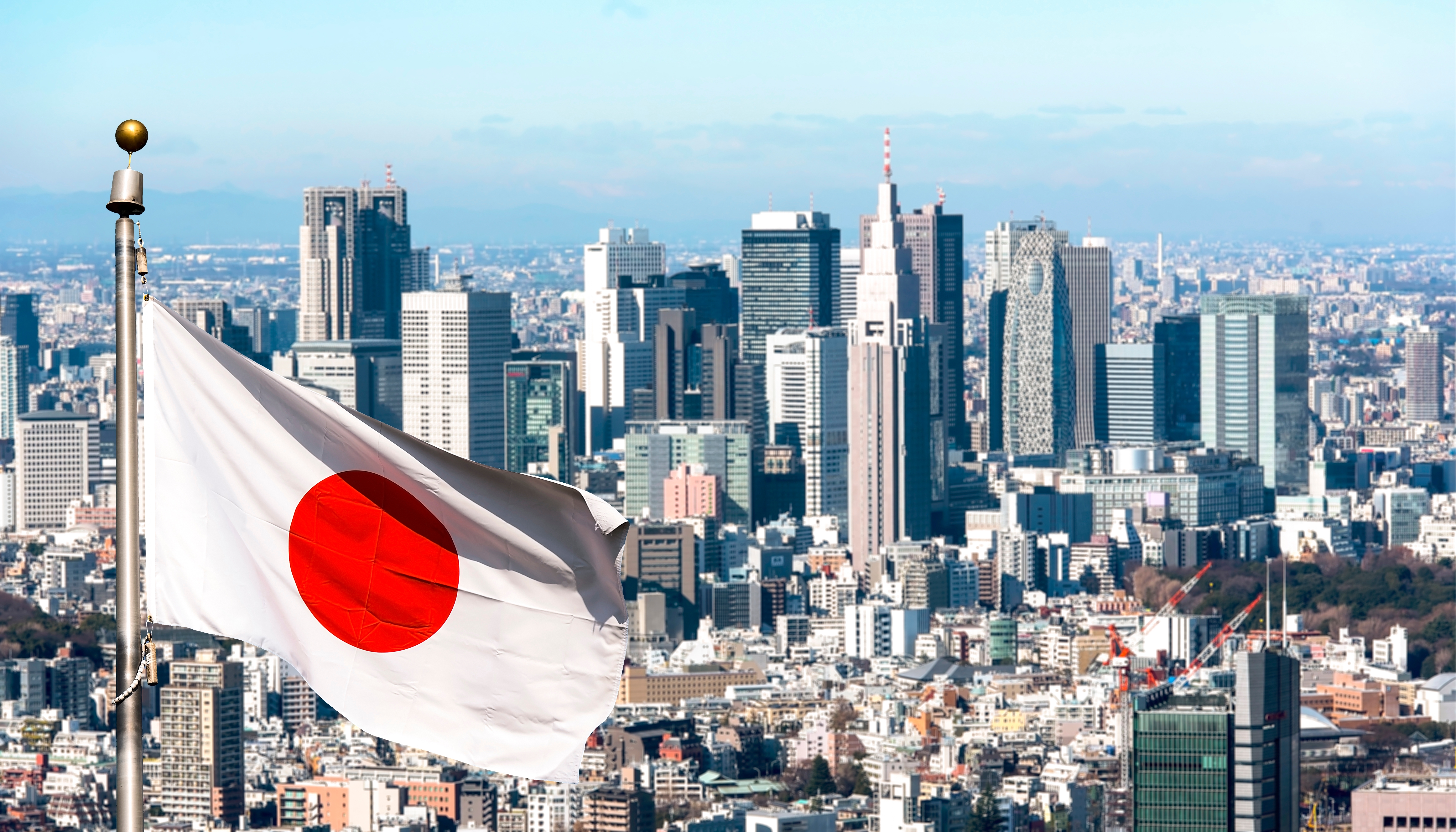 Japan strategic autonomy Start Panoramic view of Tokyo and Japanese flag Japan
