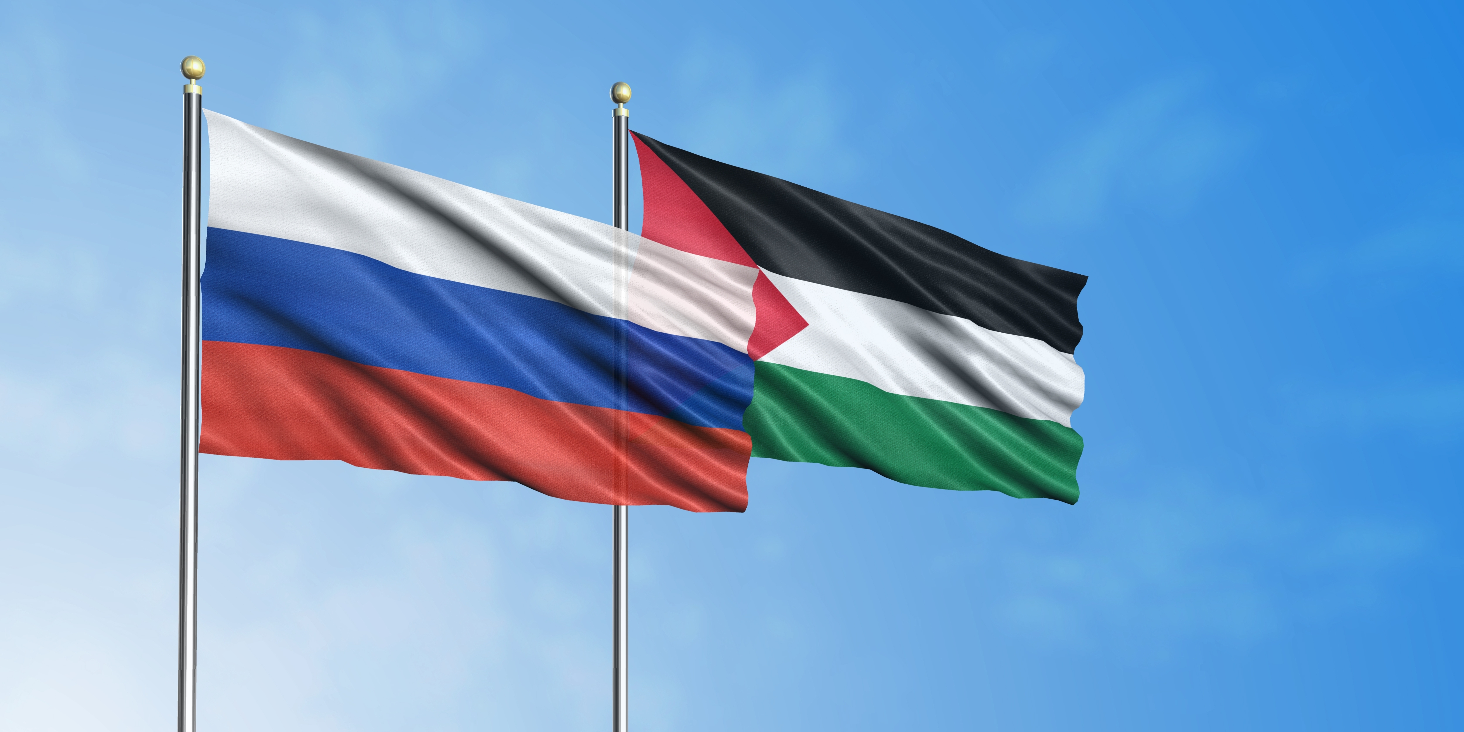 Russia Gaza Strategy NATO Expansion highlights Moscow's alignment. Start Russia flag with the Palestine flag 3D rendering with blue sky background.