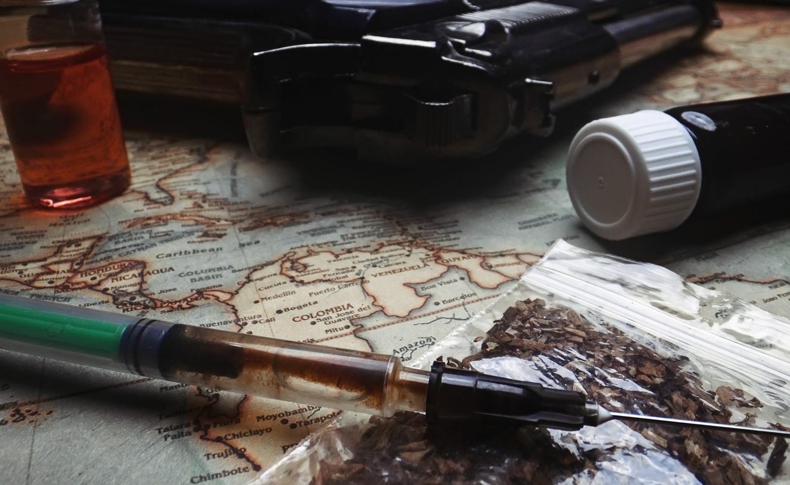 Colombia drug legalization Start Pistol, synthetic drugs and weed on the map of Colombia.