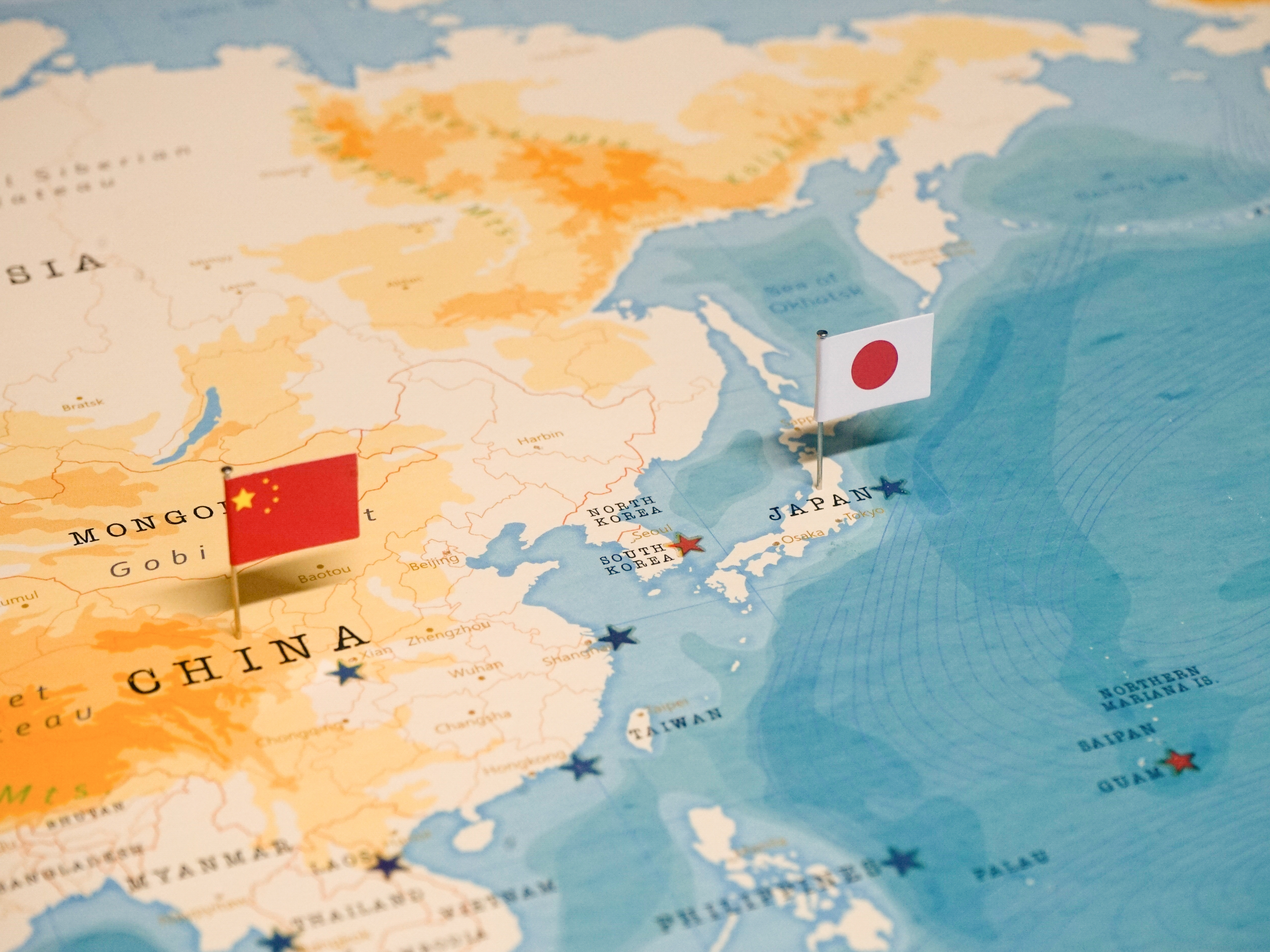 China Sea of Japan Strategy. Start The flags of China and Japan on the world map.