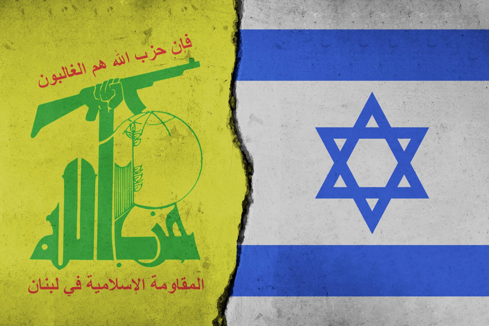 Israel Hezbollah ceasefire Start Hezbollah and Israeli flags on a divided wall: Symbolizing the Israel-Hezbollah Conflict
