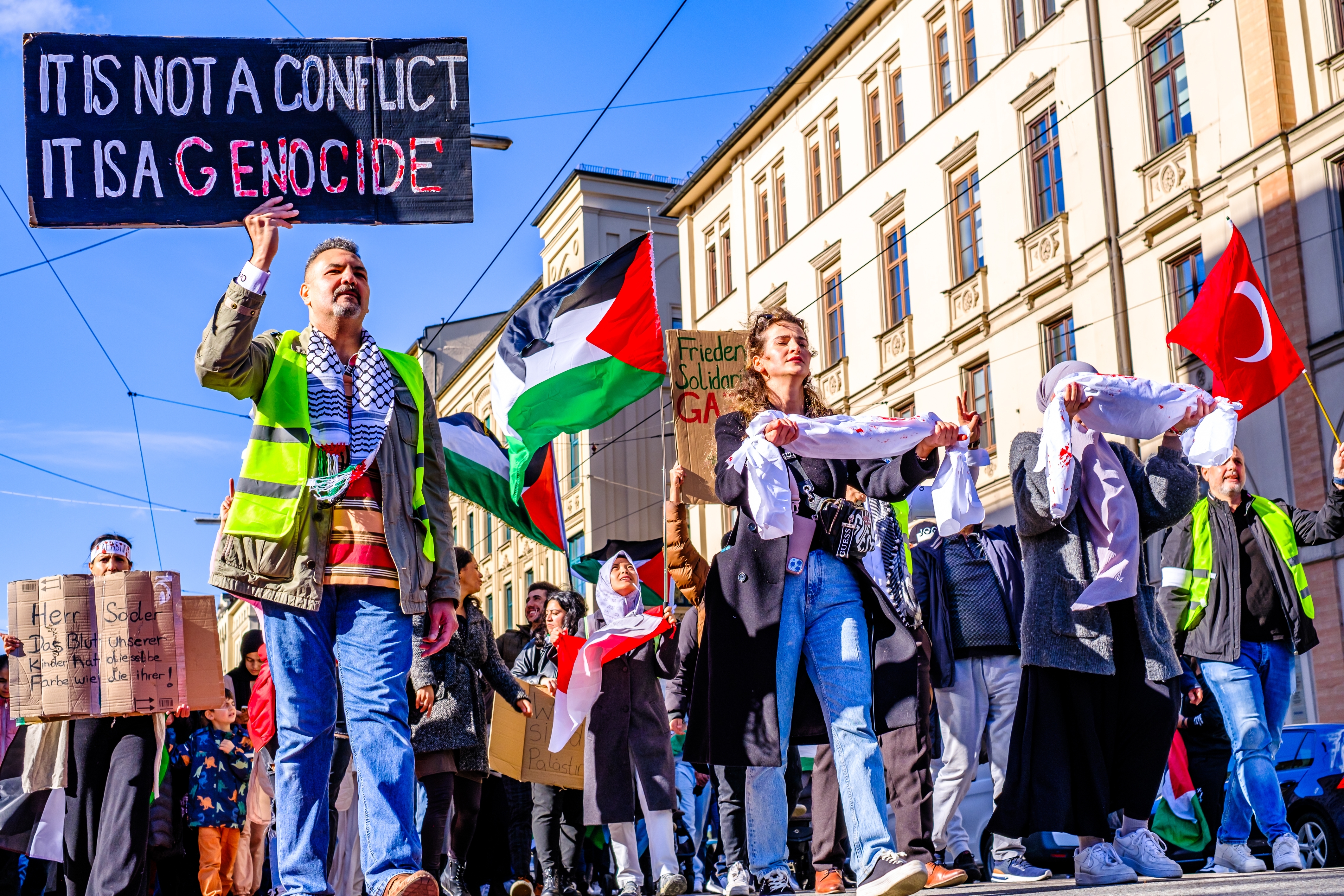 Palestine State Recognition. Start Munich, Germany - October 28: Participants in a peace demonstration - pro-Palestine in Munich on October 28, 2023.