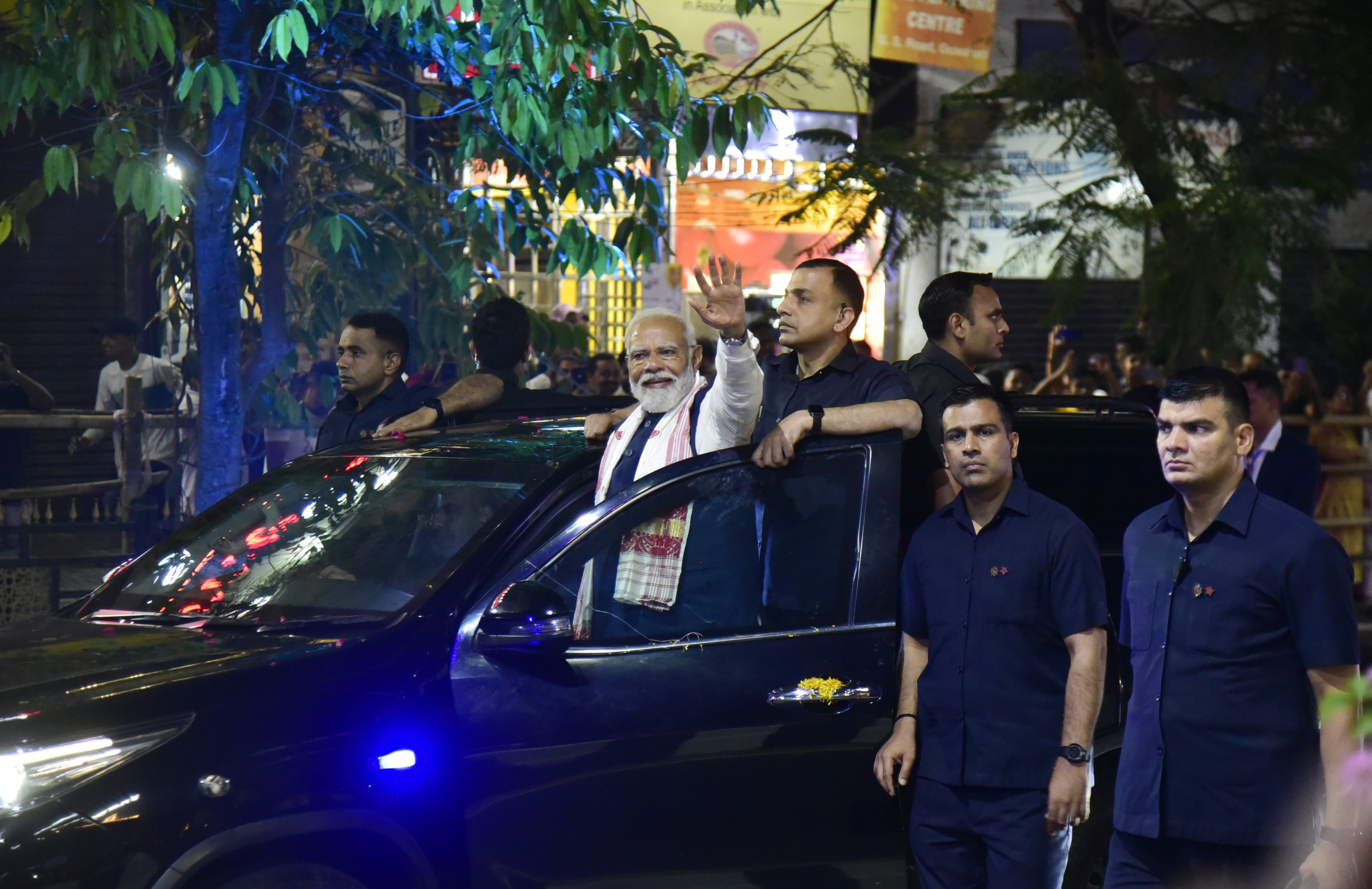 India 2024 election Start Narendra Modi Prime Minister of India during a roadshow ahead of the Lok Sabha election 2024 in Guwahati India on Tuesday April 16, 2024