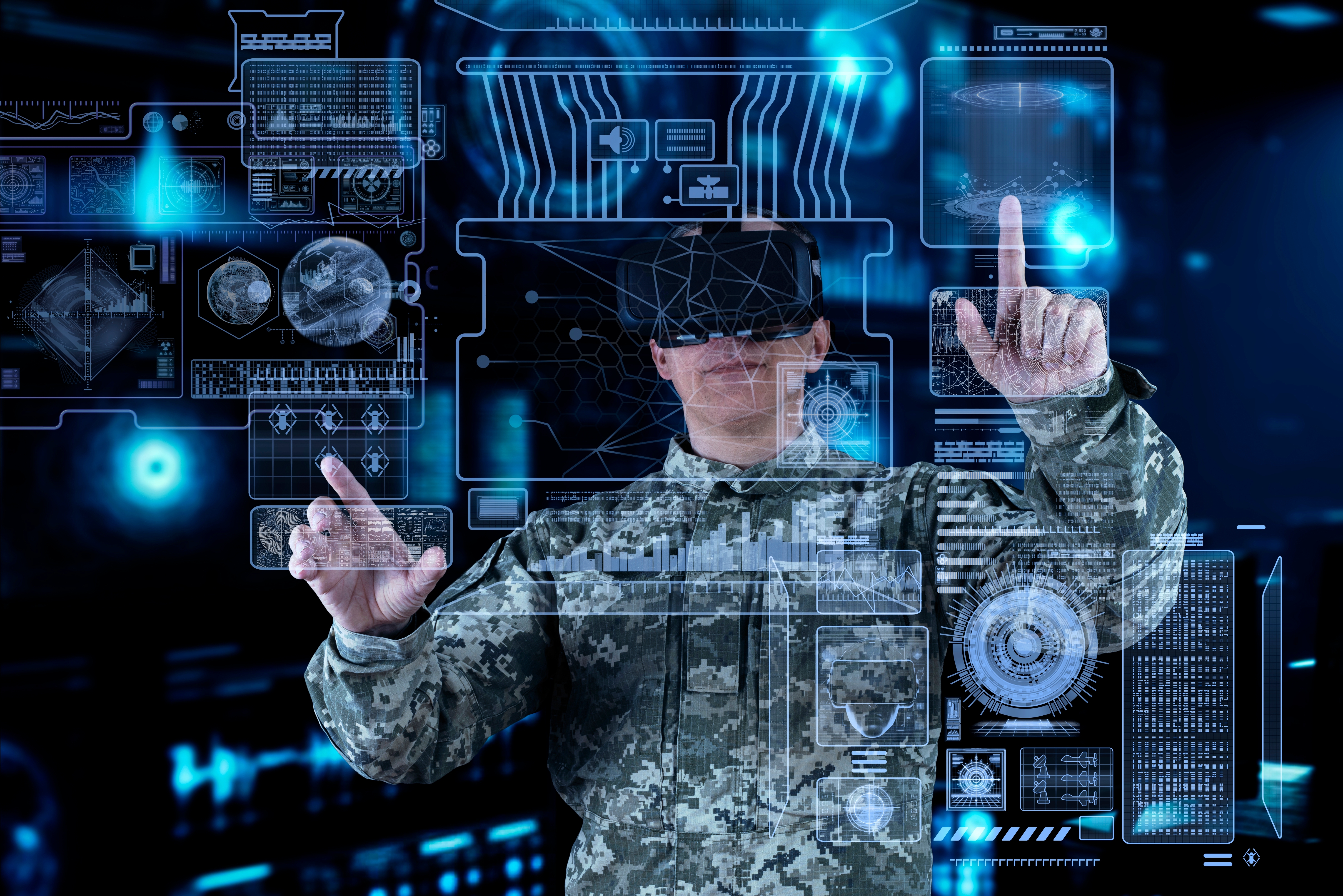 Artificial Intelligence And Military Conflicts illustrated by a military commander using AI VR interface to control autonomous systems in warfare