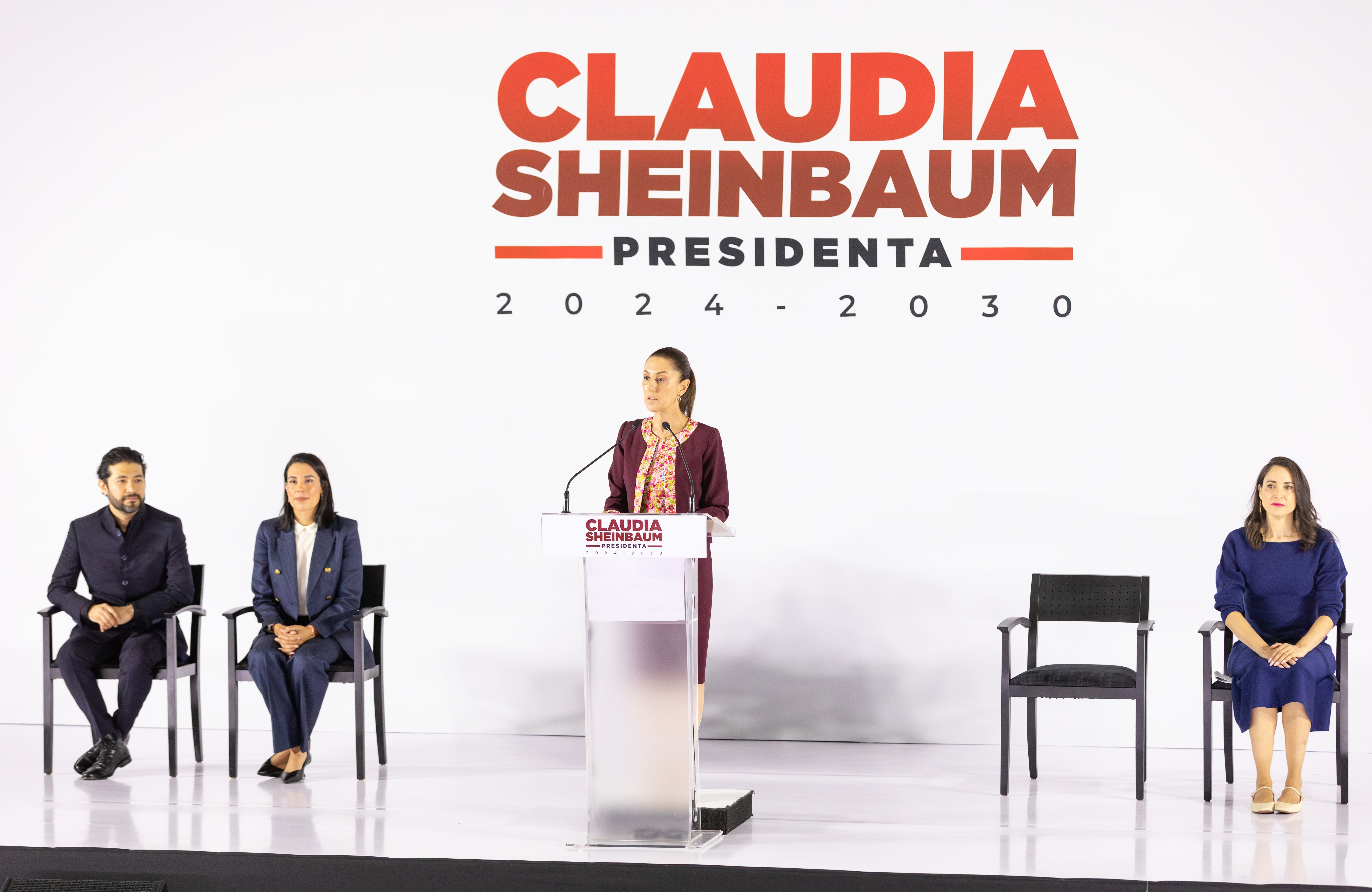 Sheinbaum Foreign Policy. Start Mexico City, Mexico. July 18, 2024: Claudia Sheinbaum, new Mexican president, announces new cabinet members. Marath Bolaños, Josefina Rodríguez Zamora and Claudia Curiel de Icaza.