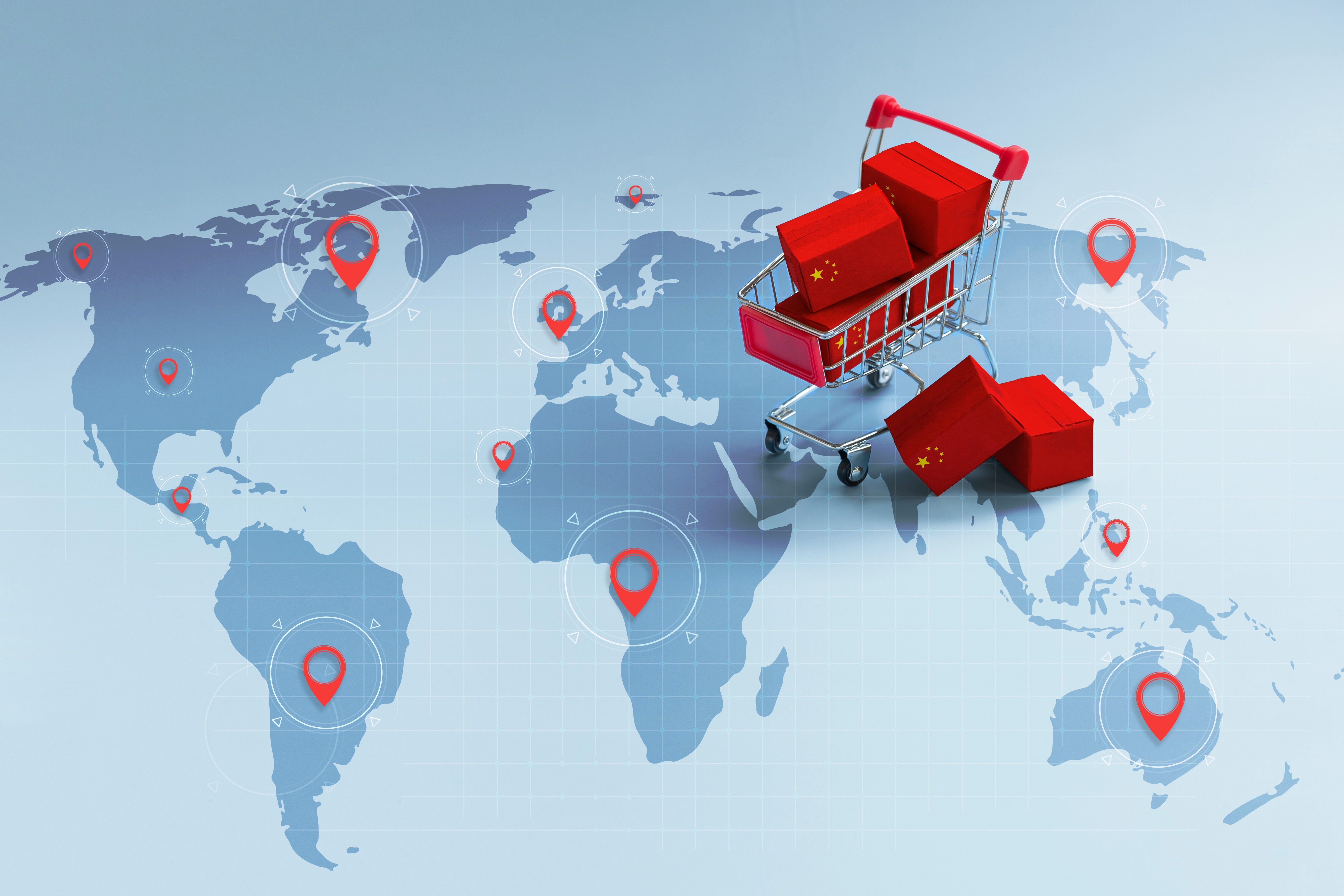 Chinese exports to Central Asia depicted with flags and shipping boxes on world map