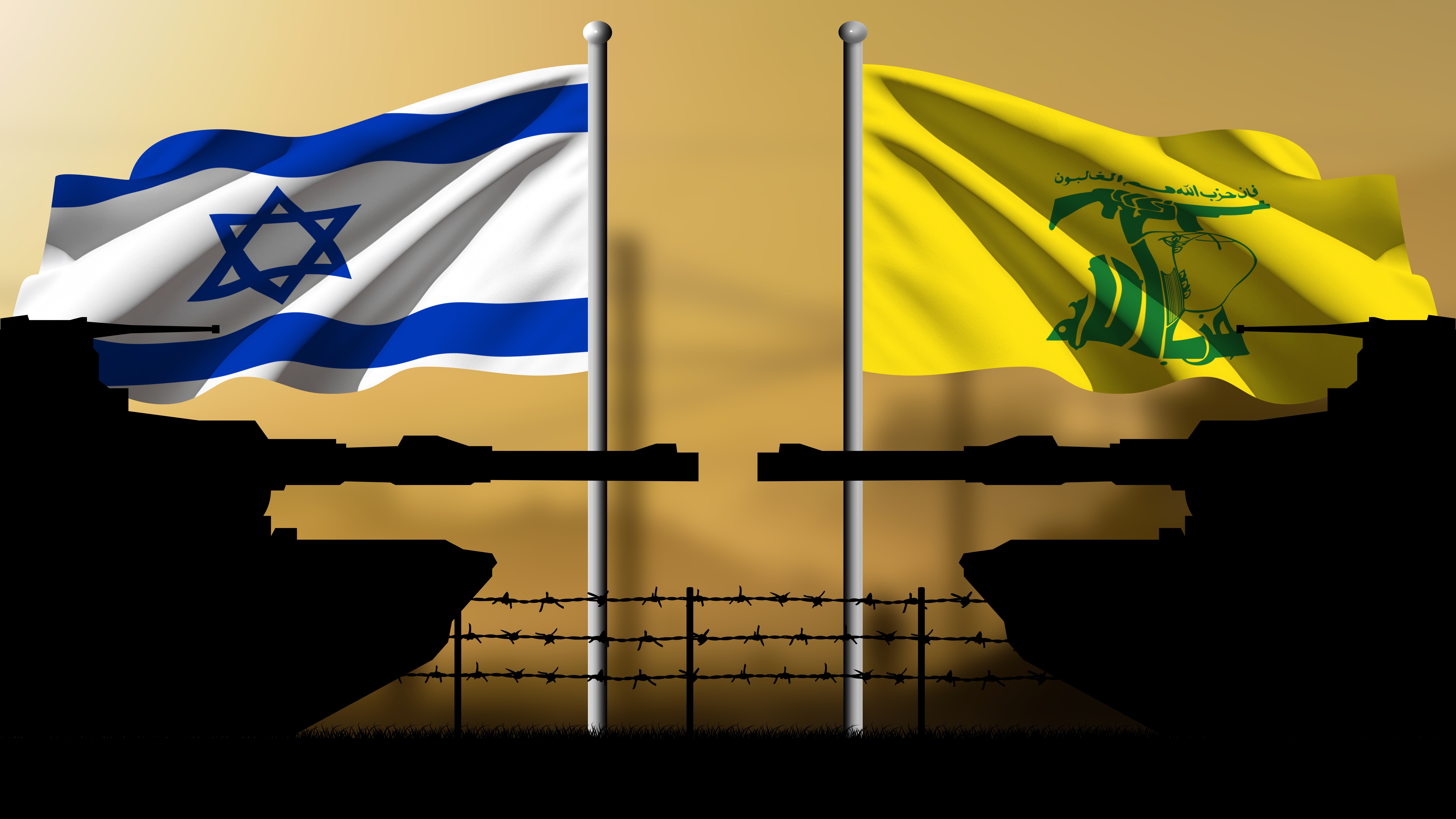 Israel confrontation with Hezbollah shown with opposing tanks and national flags
