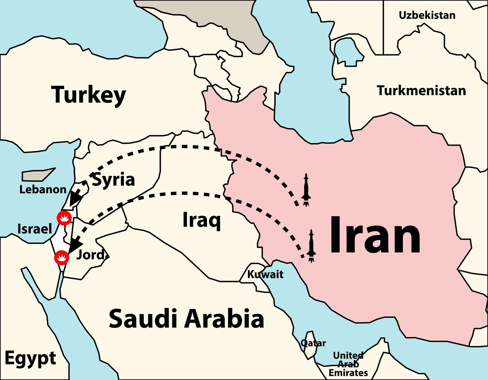 Iran strike on Israel shown with missiles, conflict zone and Middle East military tension