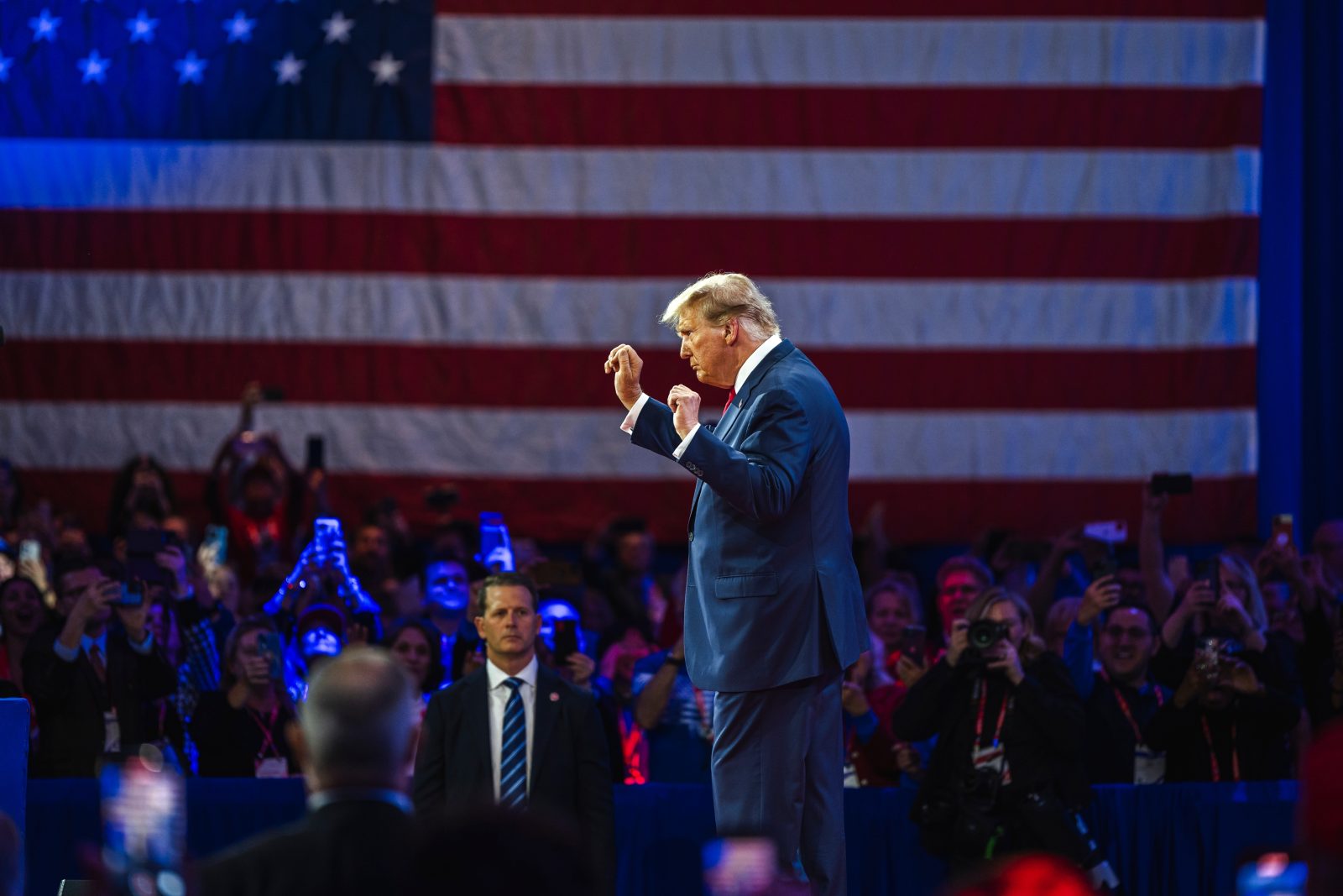 Trump administration foreign policy Start NATIONAL HARBOR, MD, USA- February 24, 2024: Donald Trump speaks at an event about his plan for defeating current President Joe Biden in November.