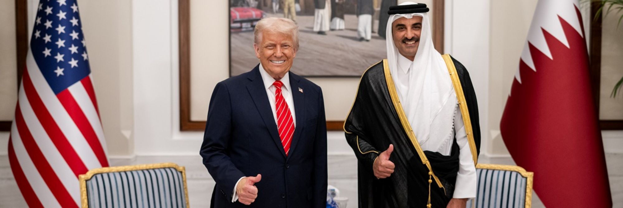 Trump Middle East deals. Start President Donald Trump poses for a photo with Amir of Qatar Sheikh Tamin bin Hamad Al Thani in Lusail Palace before an official State Dinner, Wednesday, May 14, 2025, in Doha, Qatar.
