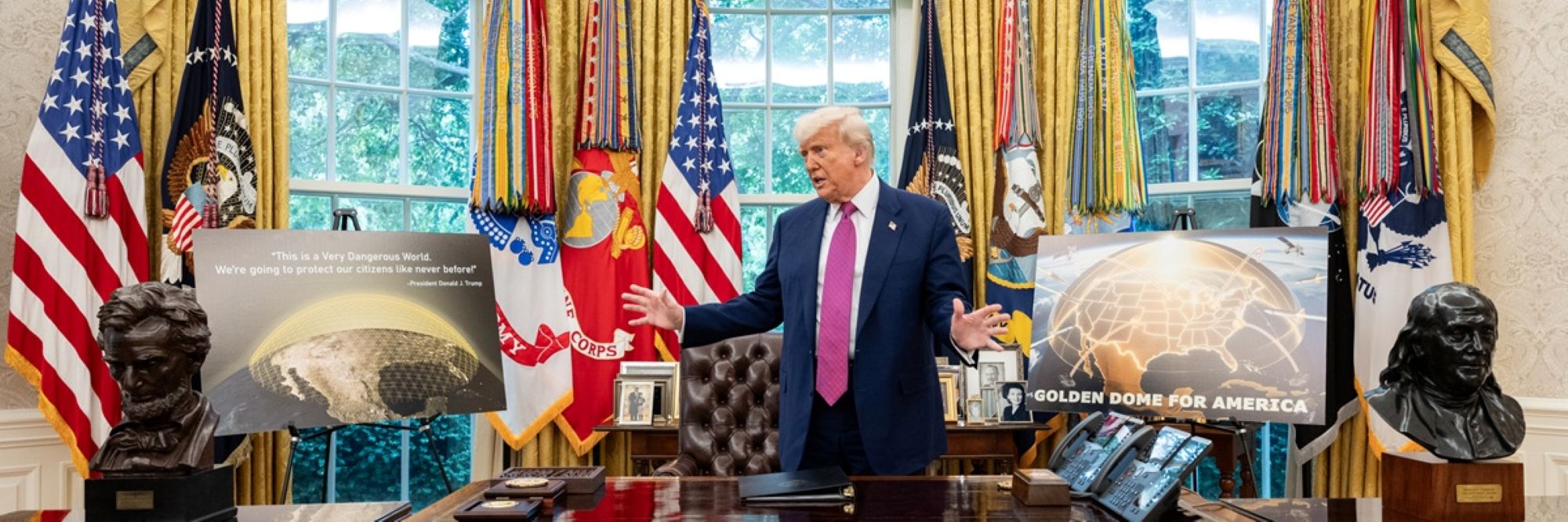 Golden Dome missile defense plan with Trump announcing it before military and tech backdrop in 2025