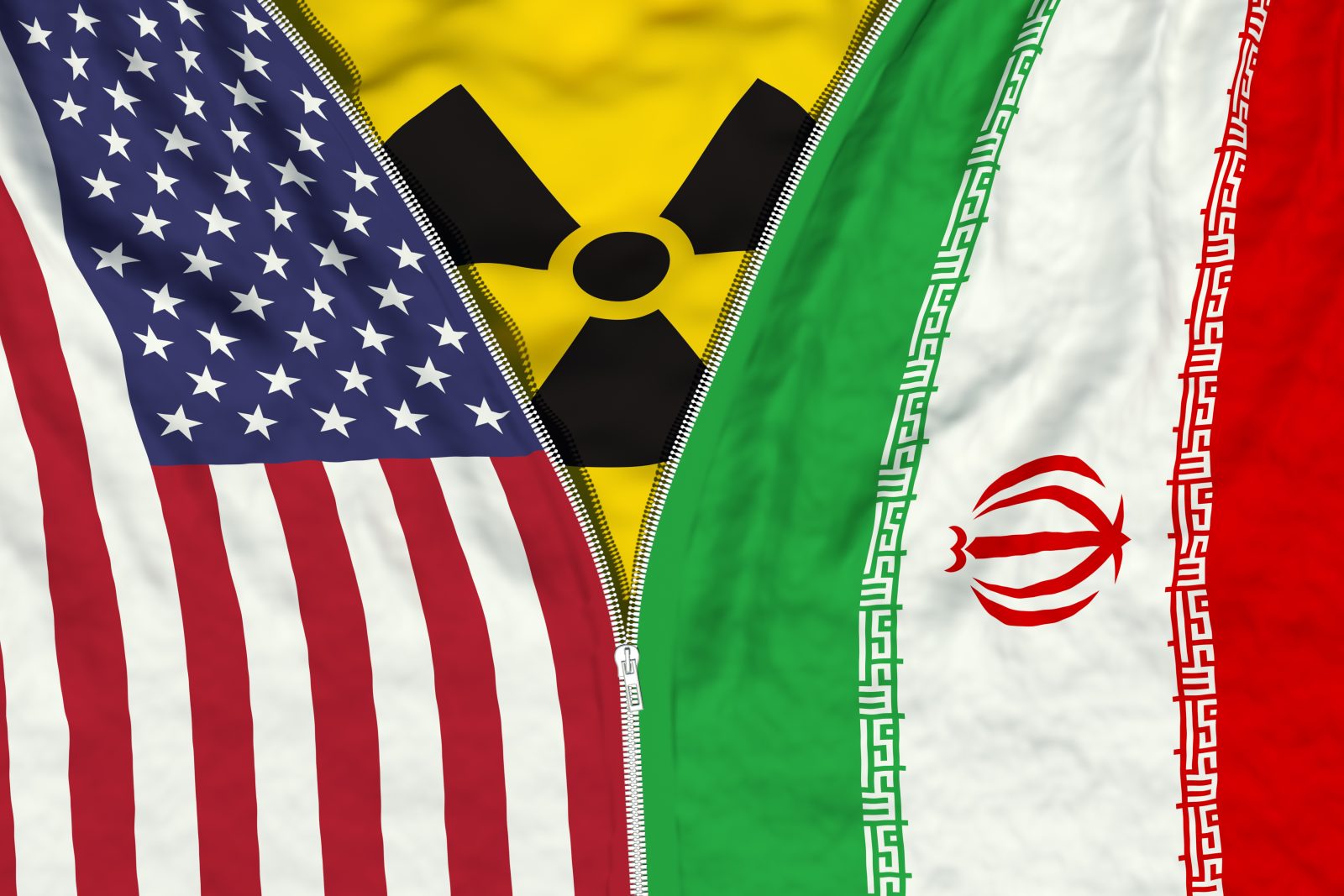 Muscat Round US Iran Deal Start Zipper separates or connects US and Iranian flags with radiation symbol