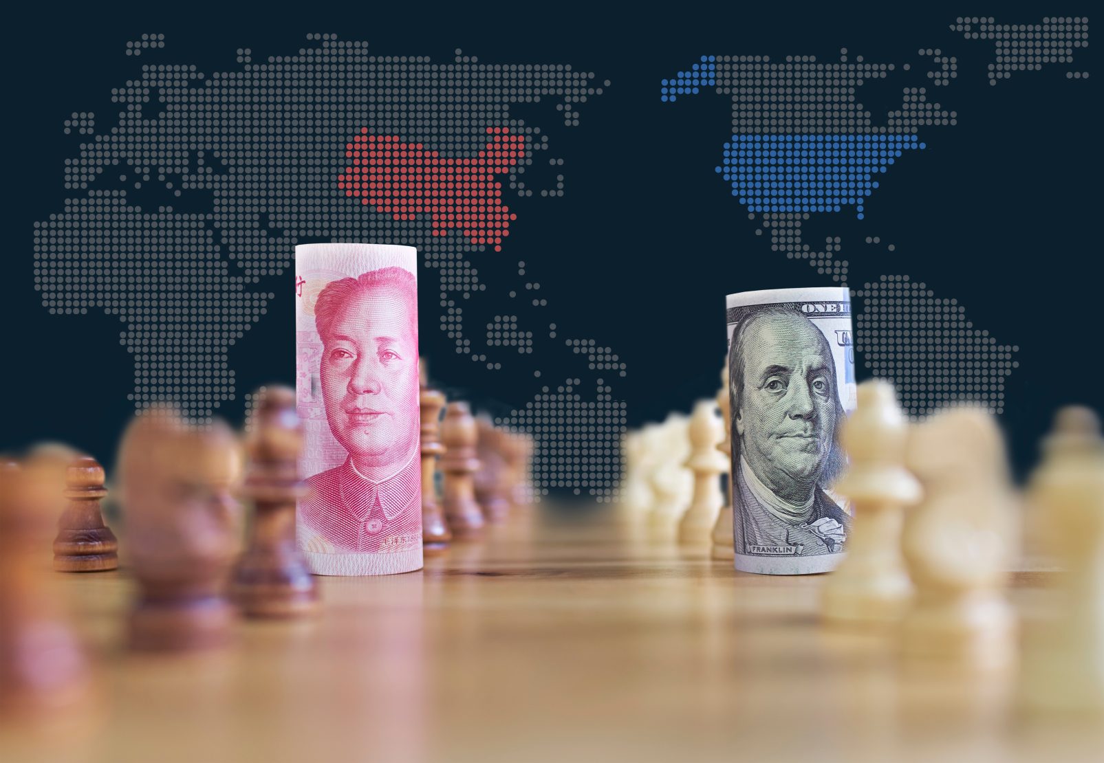 Trade wars concept with US China banknotes on chessboard