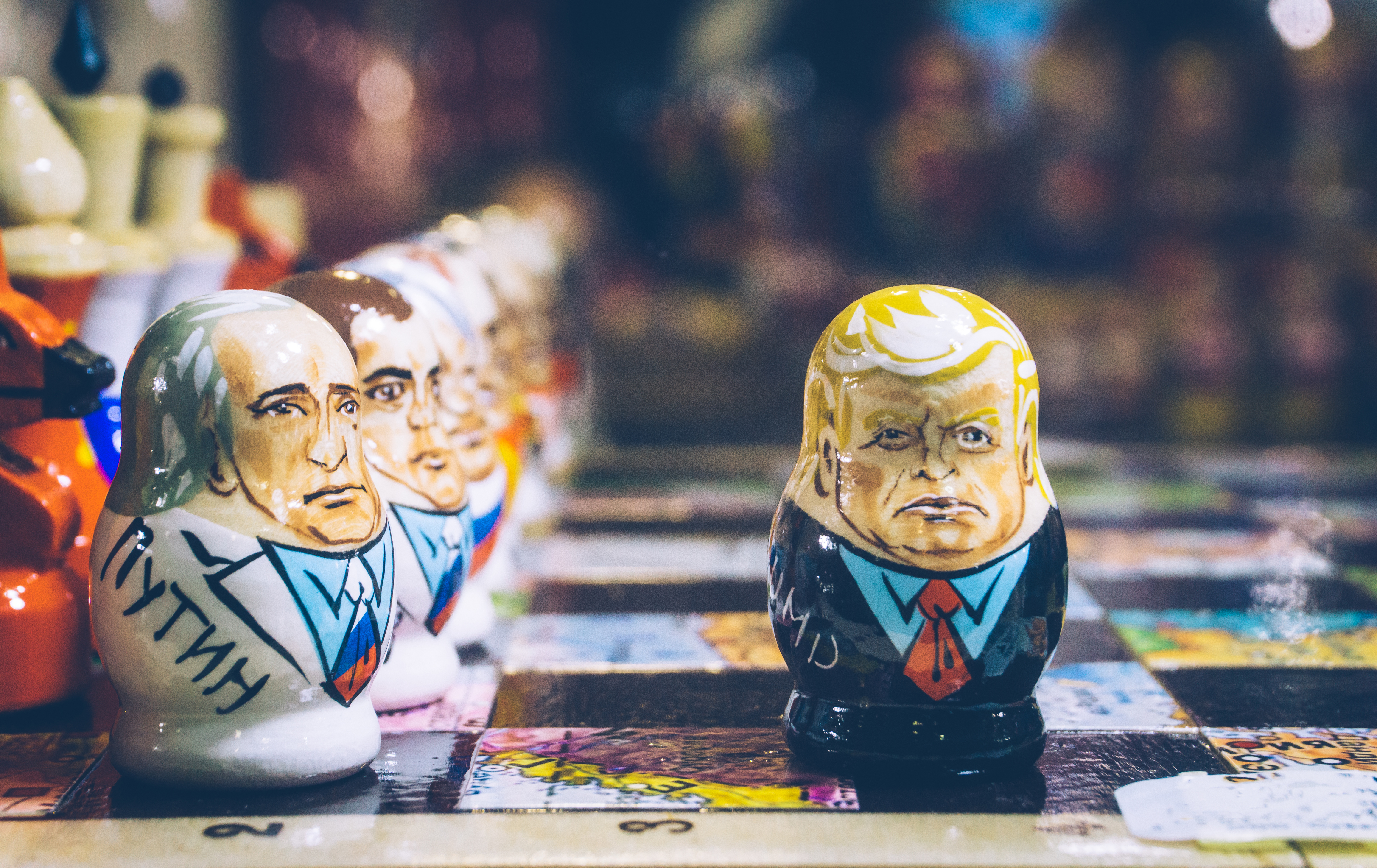 Future Russian American Relations Start Moscow, Russia — February 20, 2019: Trump and Putin as Russian nesting dolls (Matryoshka doll, Russian doll). The policy of Russia and America. Cartoon, caricature.