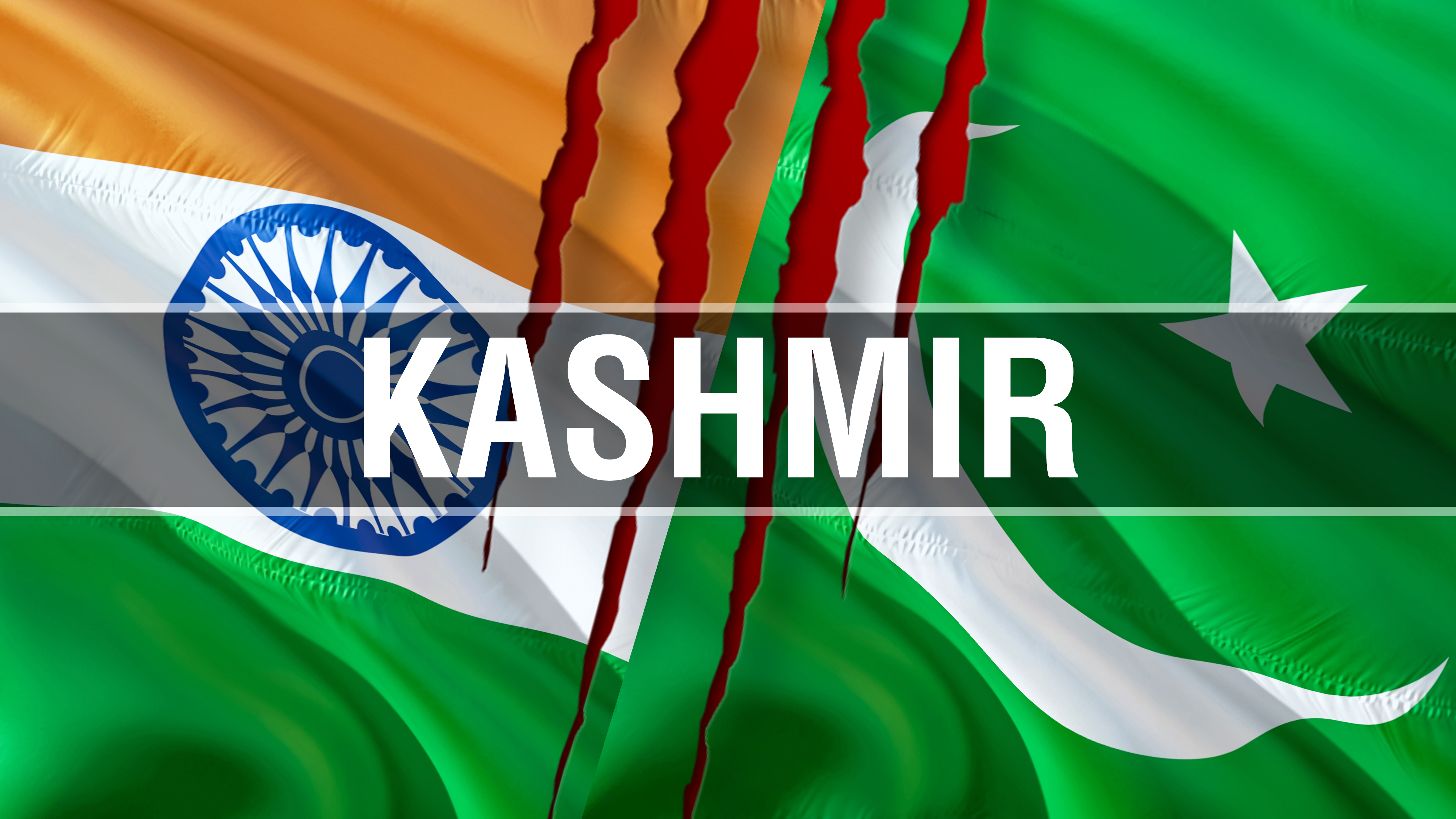 Kashmir Indus Waters Treaty Start Kashmir on Pakistan and India flags. Waving flag design,3D rendering. Pakistan India flag picture, wallpaper image. Kashmir Indian Indo-Pakistani war and conflict. Delhi Islamabad Conflict concept