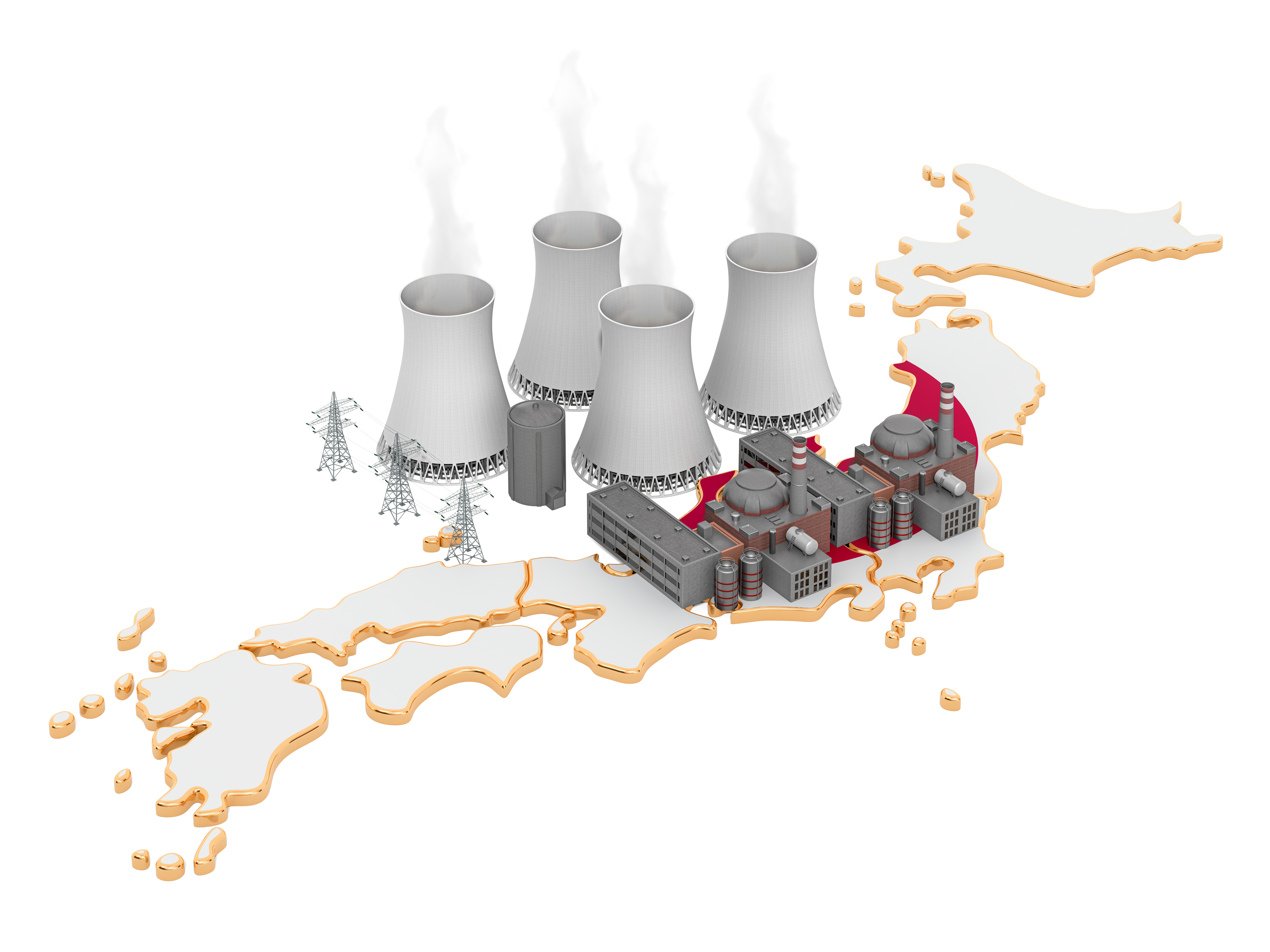 Japan nuclear power Start Nuclear power stations in Japan, 3D rendering isolated on white background