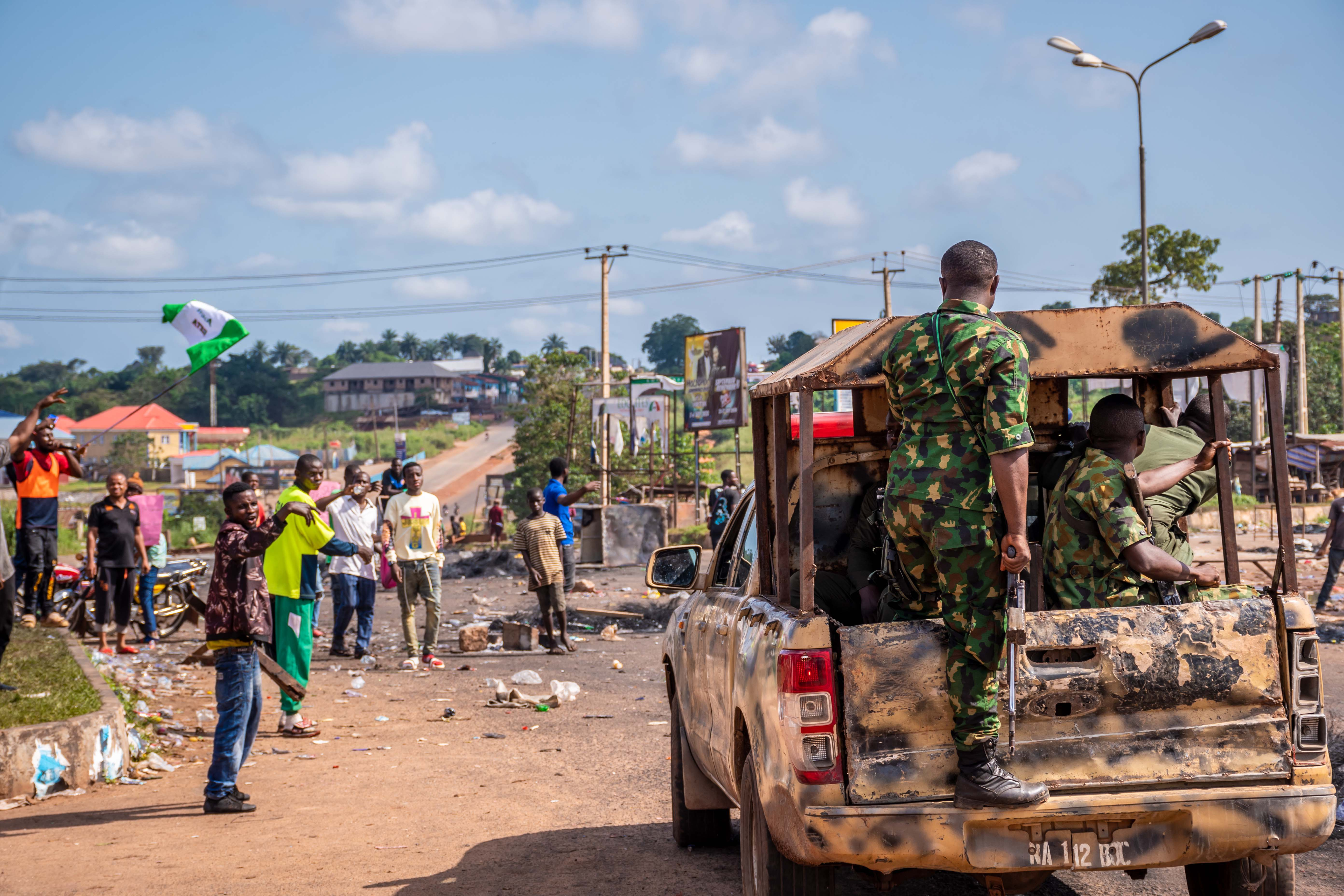 Africa security challenges Start Auchi, Edo/Nigeria - 10 20 2020: scene from the end sars protests that have been going on around the country by the youth to protest police brutality