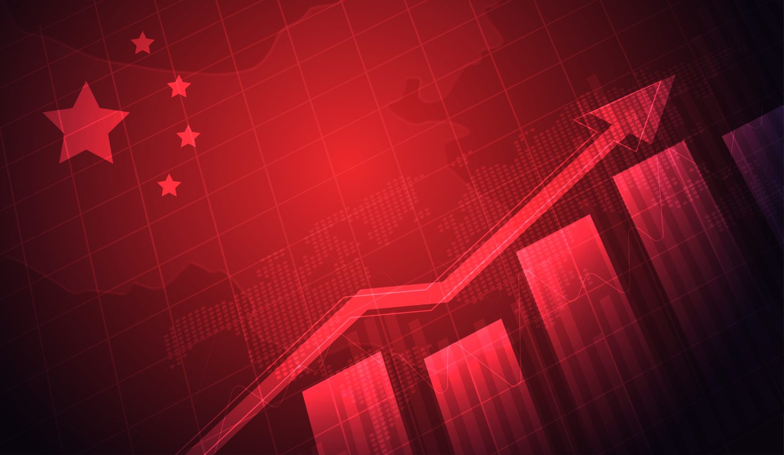 China growing role shown with upward chart, China flag, candlestick stock graph and finance data