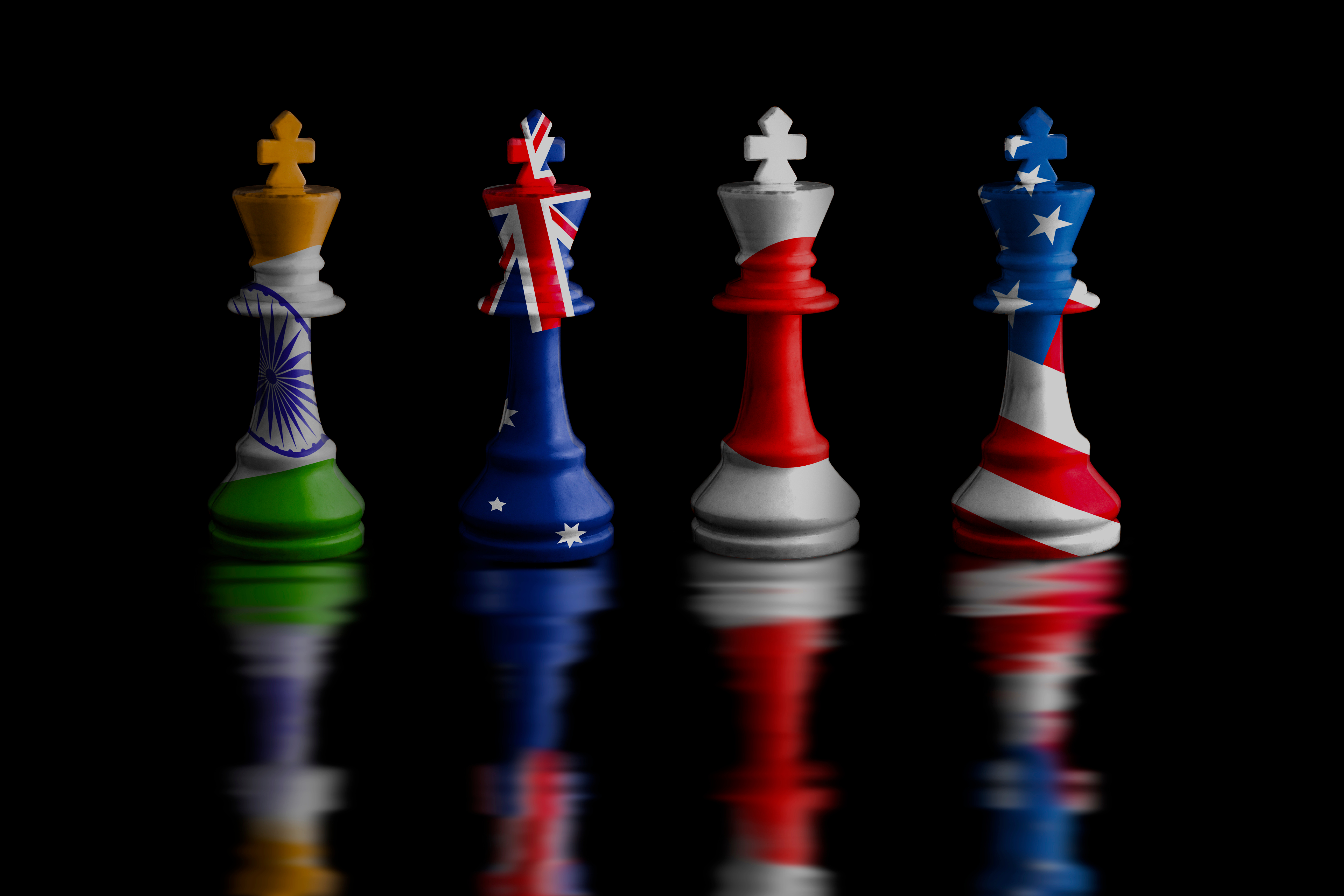 Quad security in the Indo Pacific japan,australia,usa and india Quad plus countries flags. chess king.
