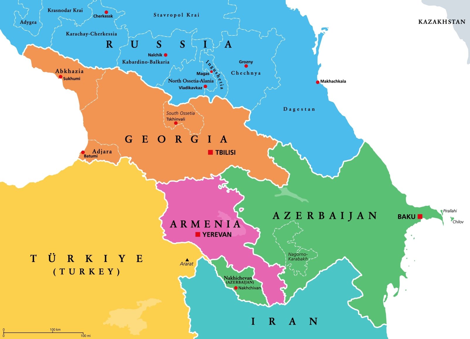 South Caucasus Security Complex: Start The Caucasus, Caucasia, colored political map. Region between the Black Sea and the Caspian Sea, mainly occupied by Armenia, Azerbaijan, Georgia, and parts of Southern Russia. Map with disputed areas.