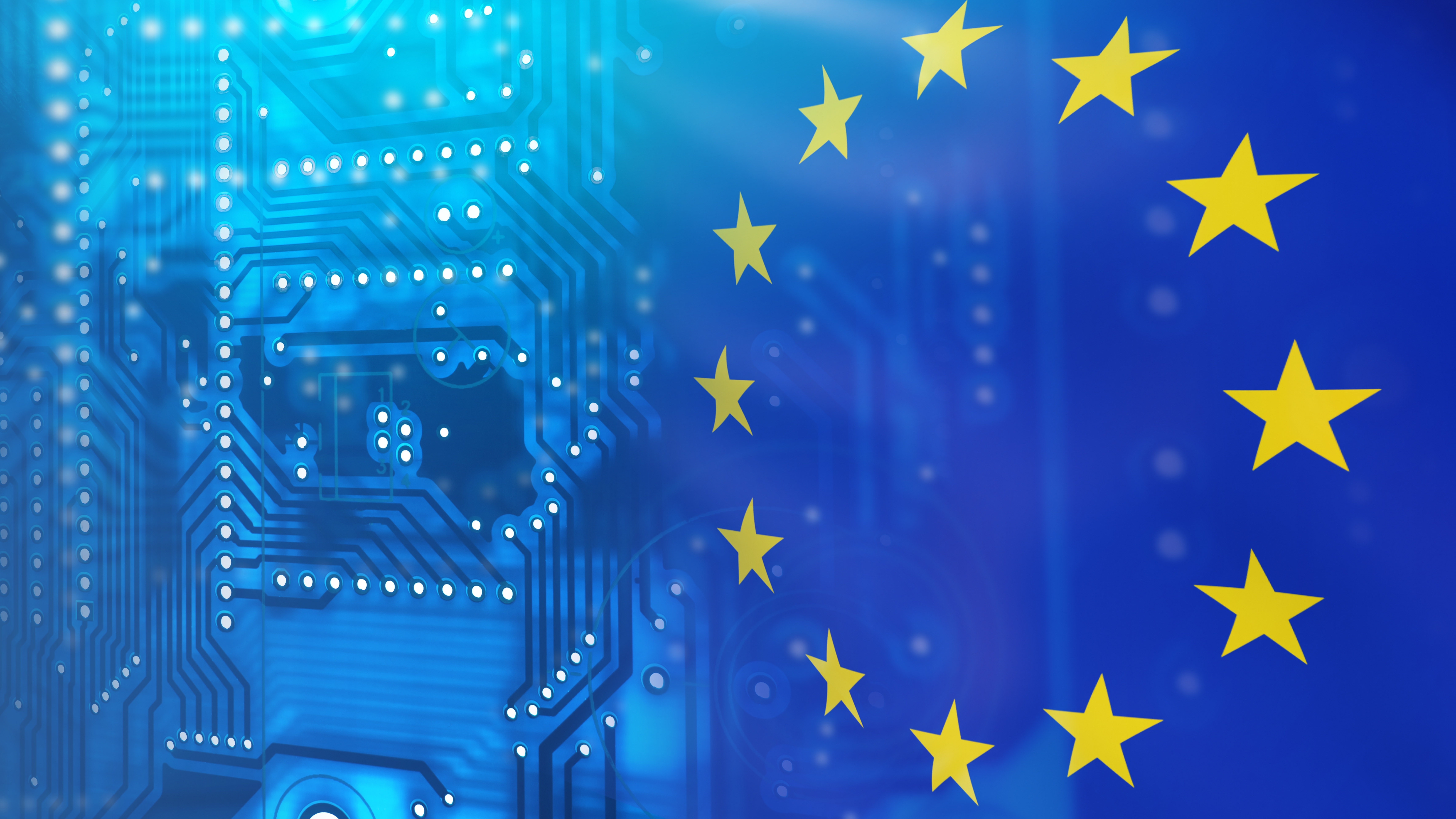 Europe microprocessor lagging position visualized with EU flag on circuit board symbolizing semiconductor dependency