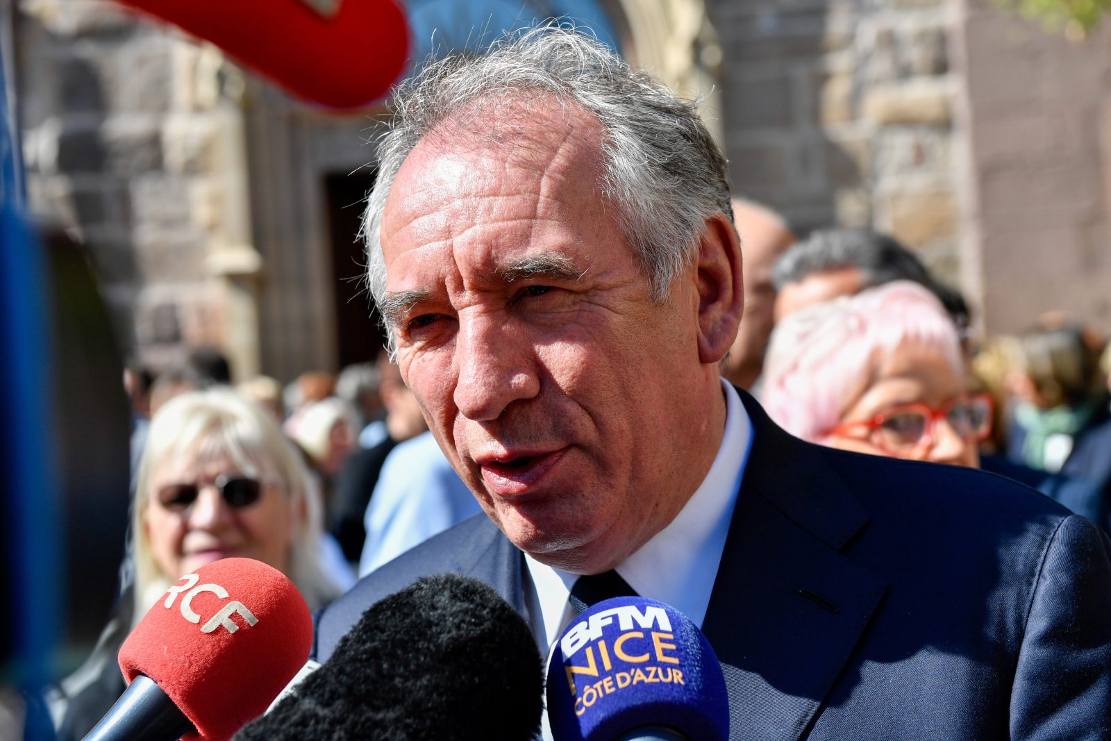 Macron Bayrou French political crisis Frejus France 0 05 2023 french politician François Bayrou is seen at the funeral of former politician François Leotard