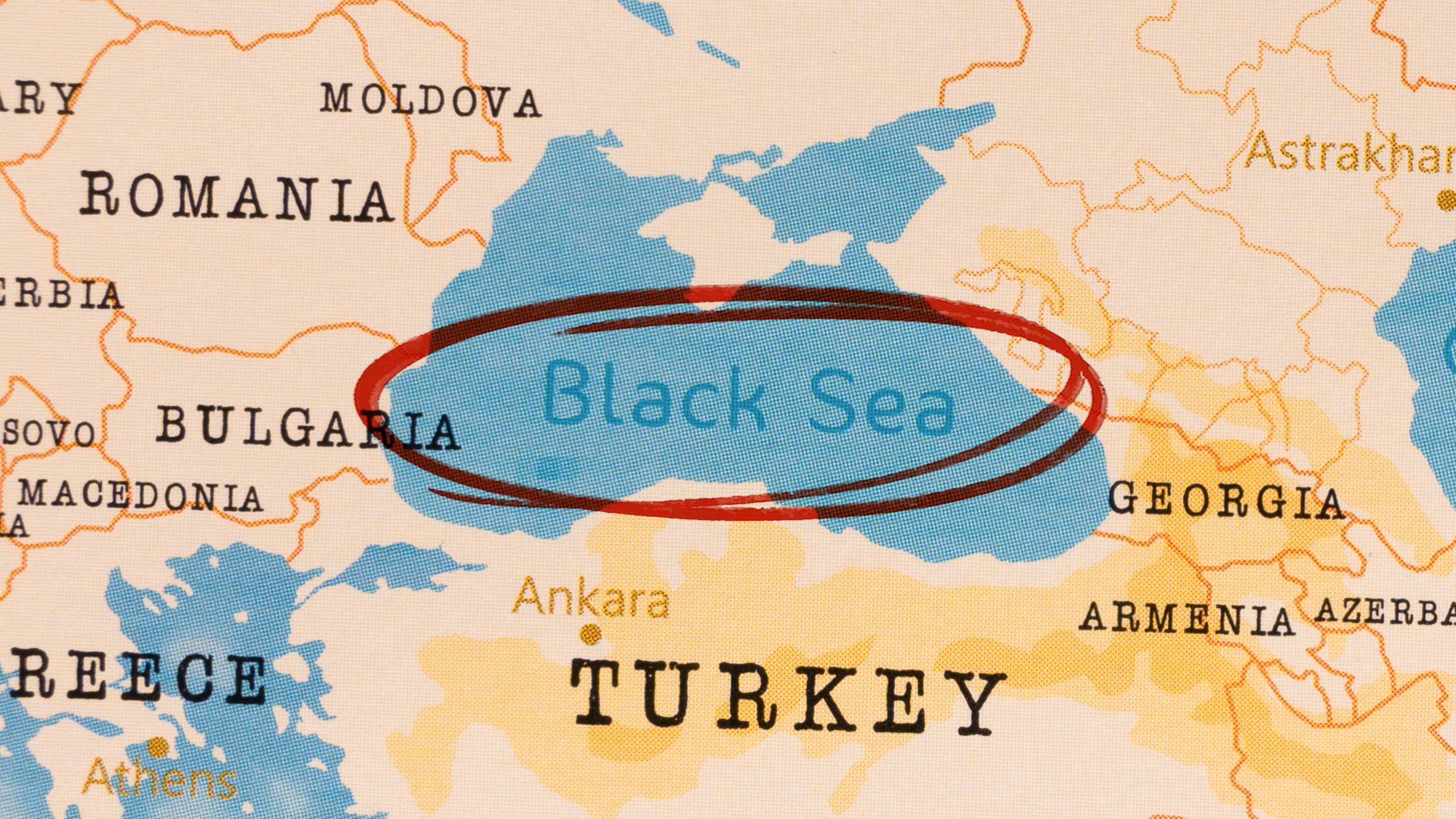 Black Sea naval war marked on detailed map with red circle