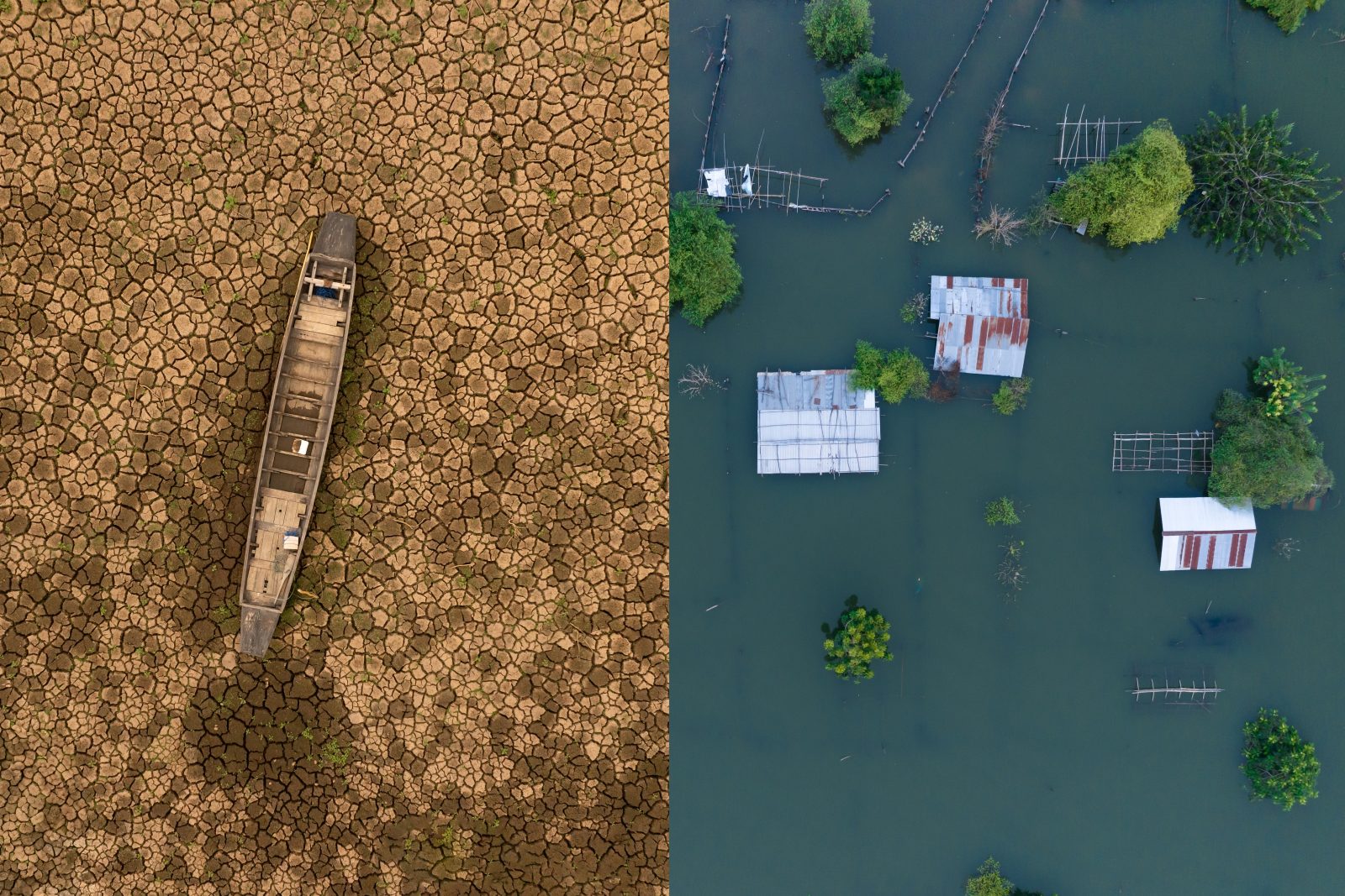 Global climate agreements illustrated by a split image showing drought on one side and flooding on the other