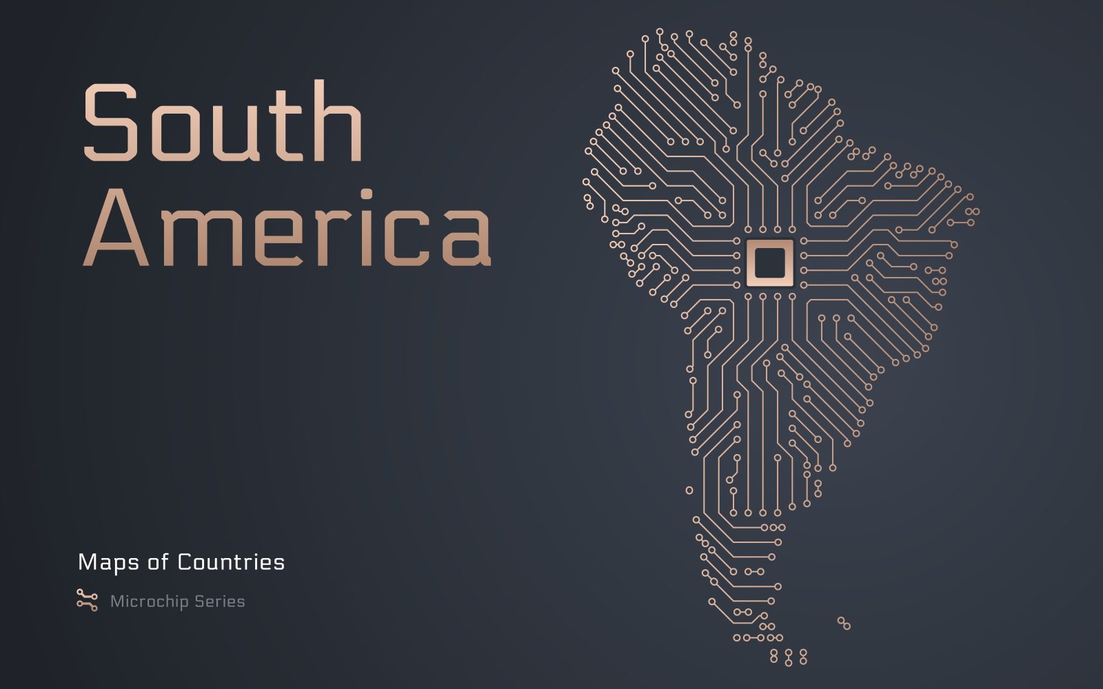Polyglobalization Big Tech Latin America Start South America Map with Shown in a Microchip Pattern. E-government. Continent Vector maps. Microchip Series