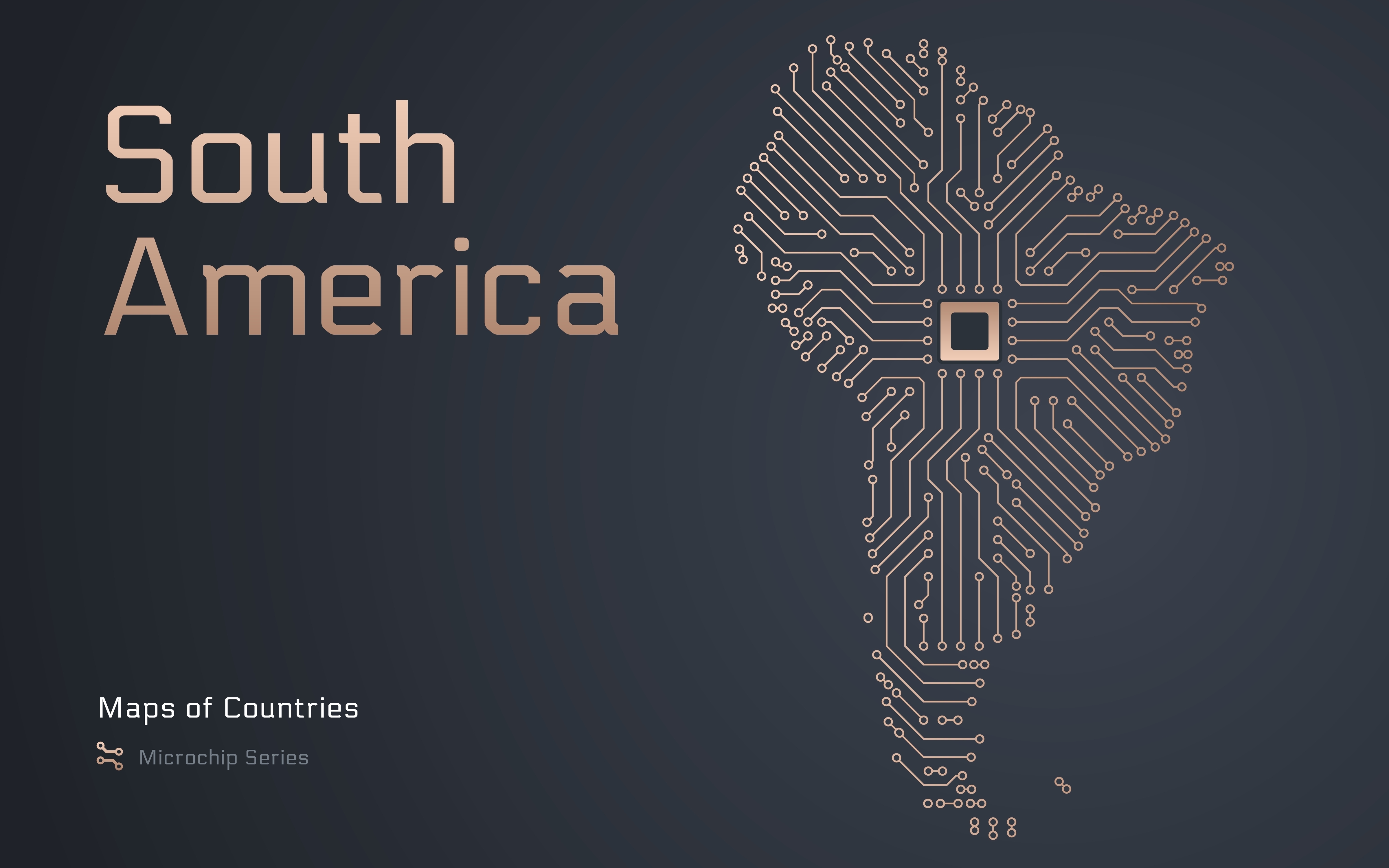 Polyglobalization Big Tech Latin America Start South America Map with Shown in a Microchip Pattern. E-government. Continent Vector maps. Microchip Series