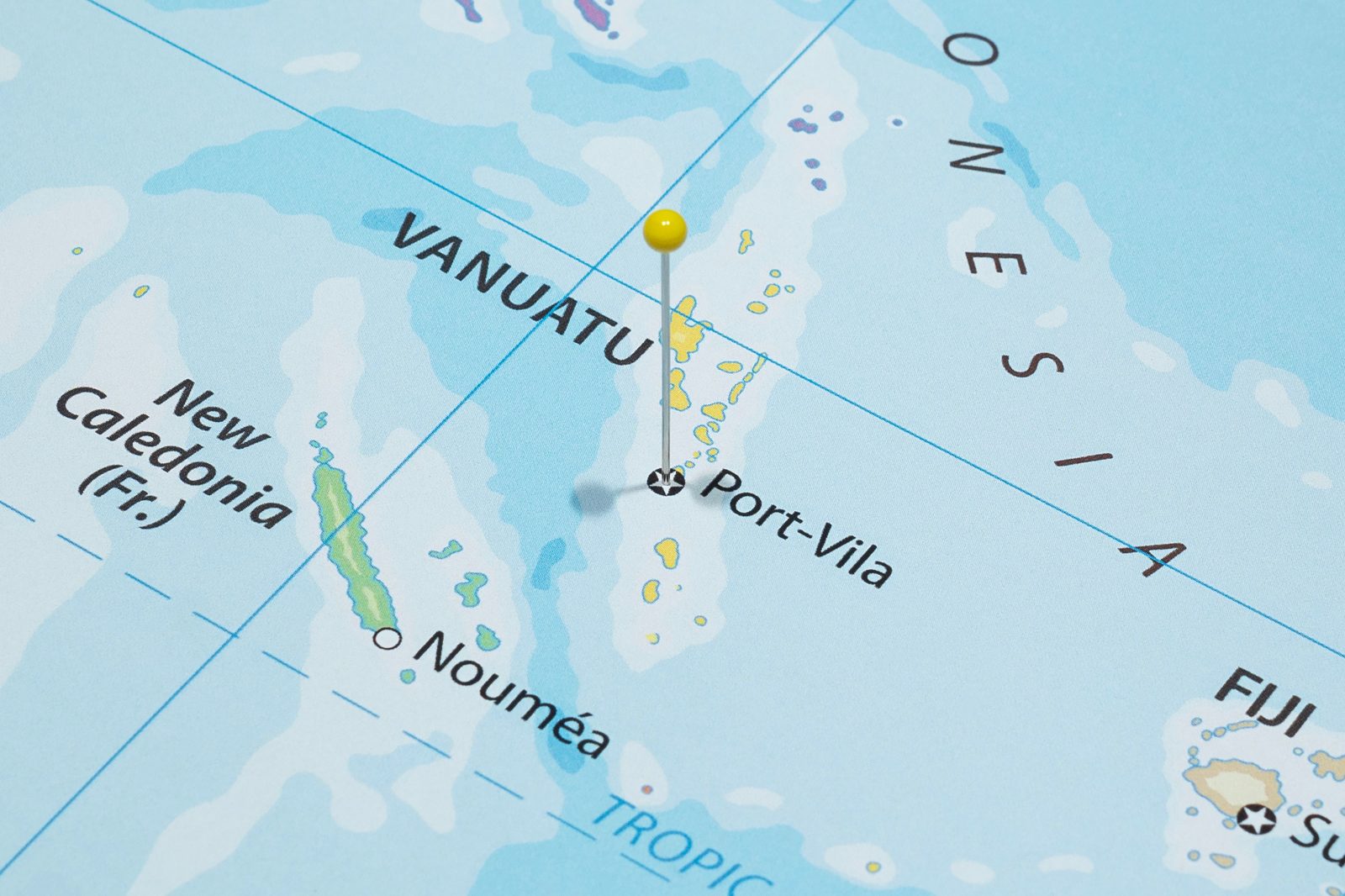 Election 2025 Vanuatu Start Close up to a Port Vila city with a yellow pin needle into Vanuatu country political map