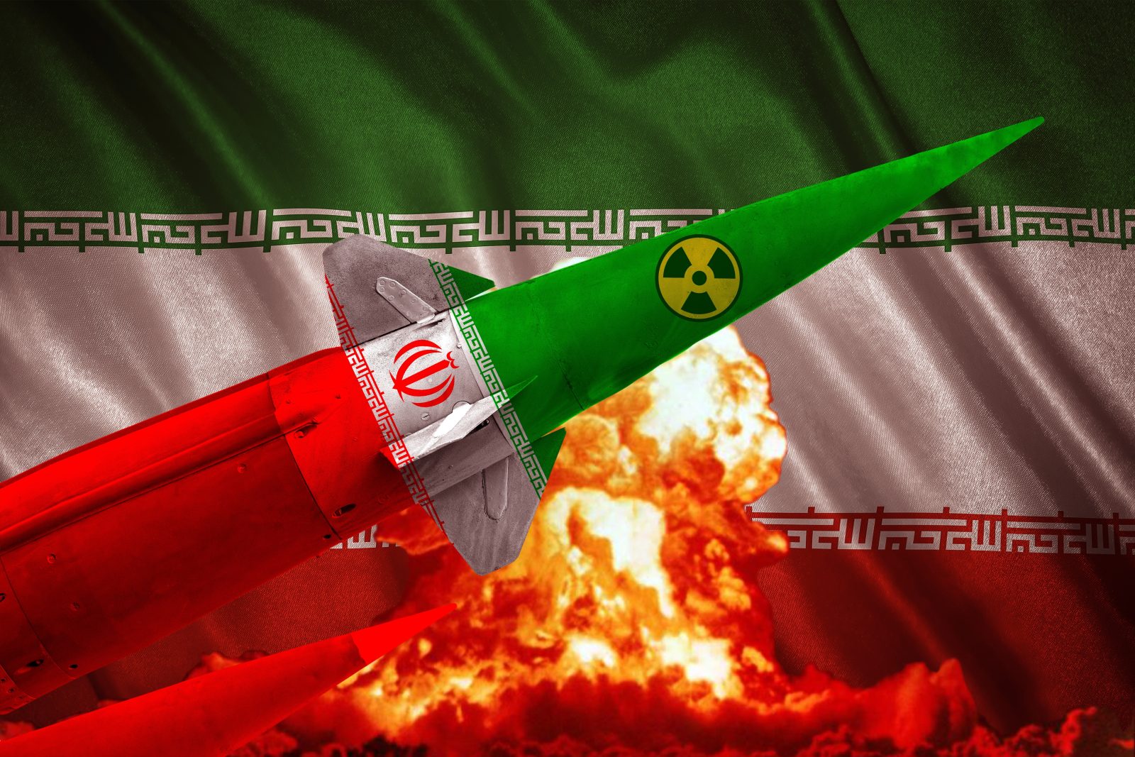 Iran nuclear ambitions shown on missile with Iran flag and explosion