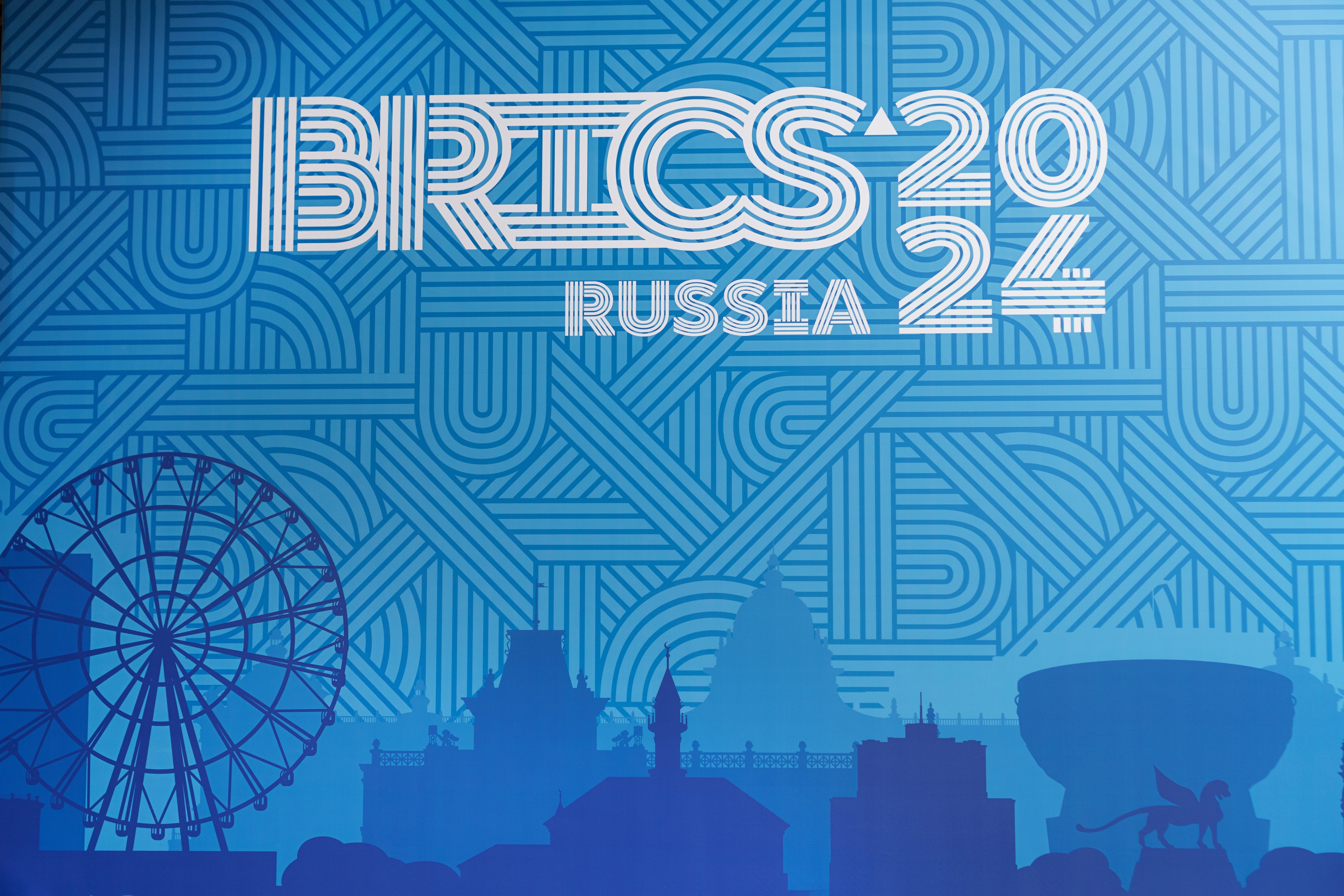 Latin American BRICS prospects Inscription BRICS 2024 Kazan Russia on a blue background Official blue logo signage of the BRICS summit 2024 Russia in Kazan Russia Kazan October 26 2024