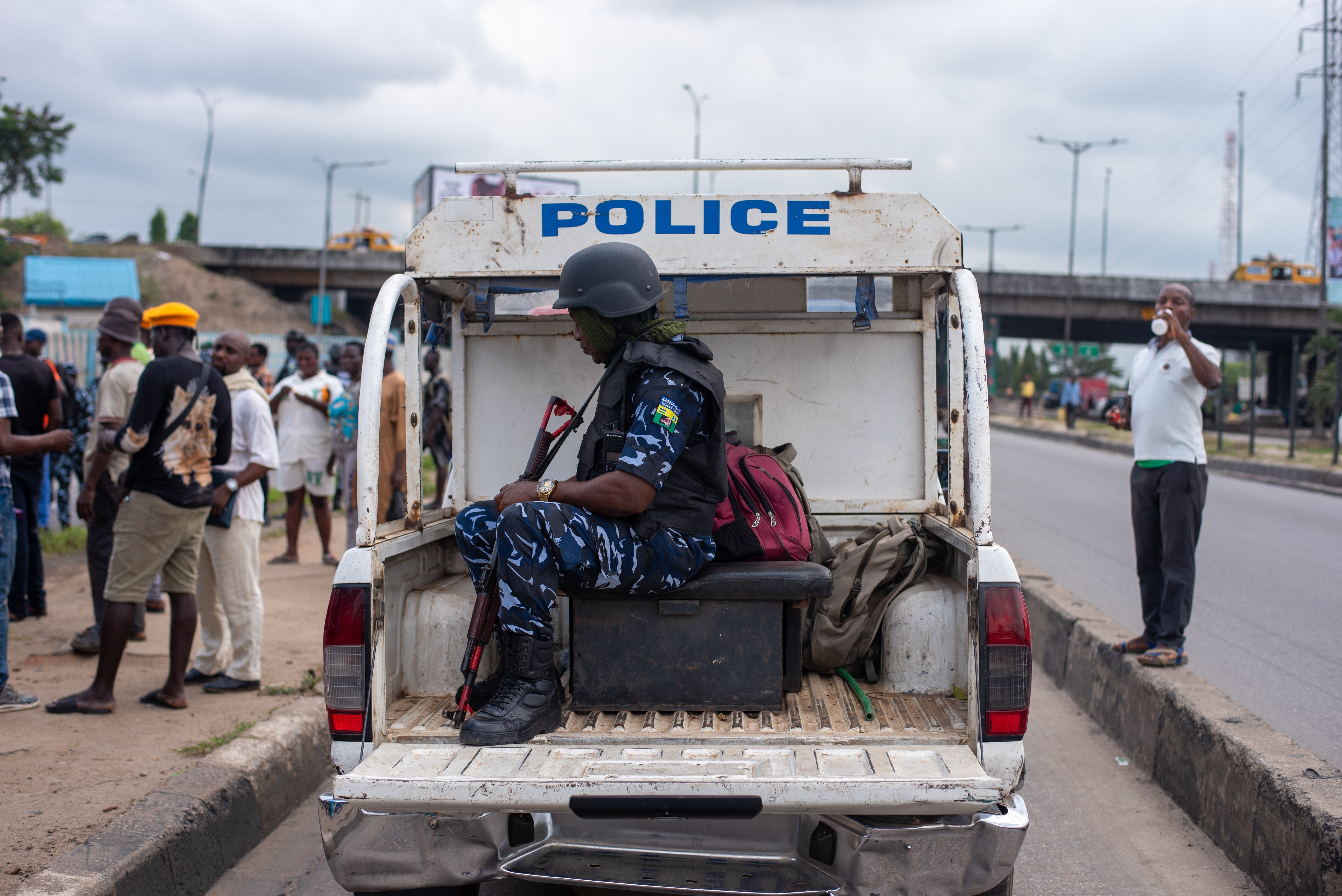 State police in Nigeria. Start Officers of the Lagos State Police Command on guard as during a protest in Lagos on Tuesday, October 1, 2024. Nigerians are out on Independence day to protest bad governance and high cost of living.