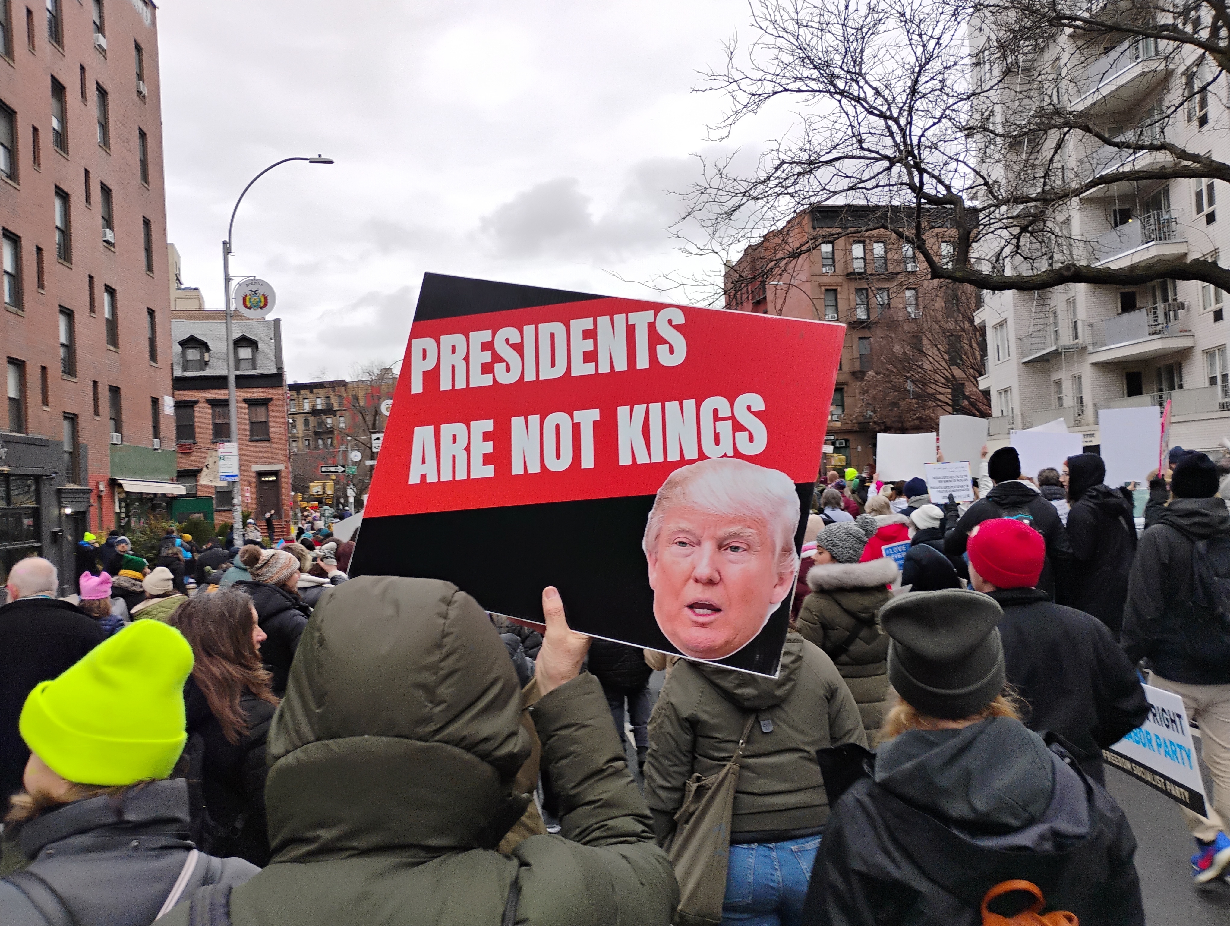 Revolt of the lower middle class reflected in anti-Trump protest sign 'Presidents Are Not Kings' at New York march in January 2025