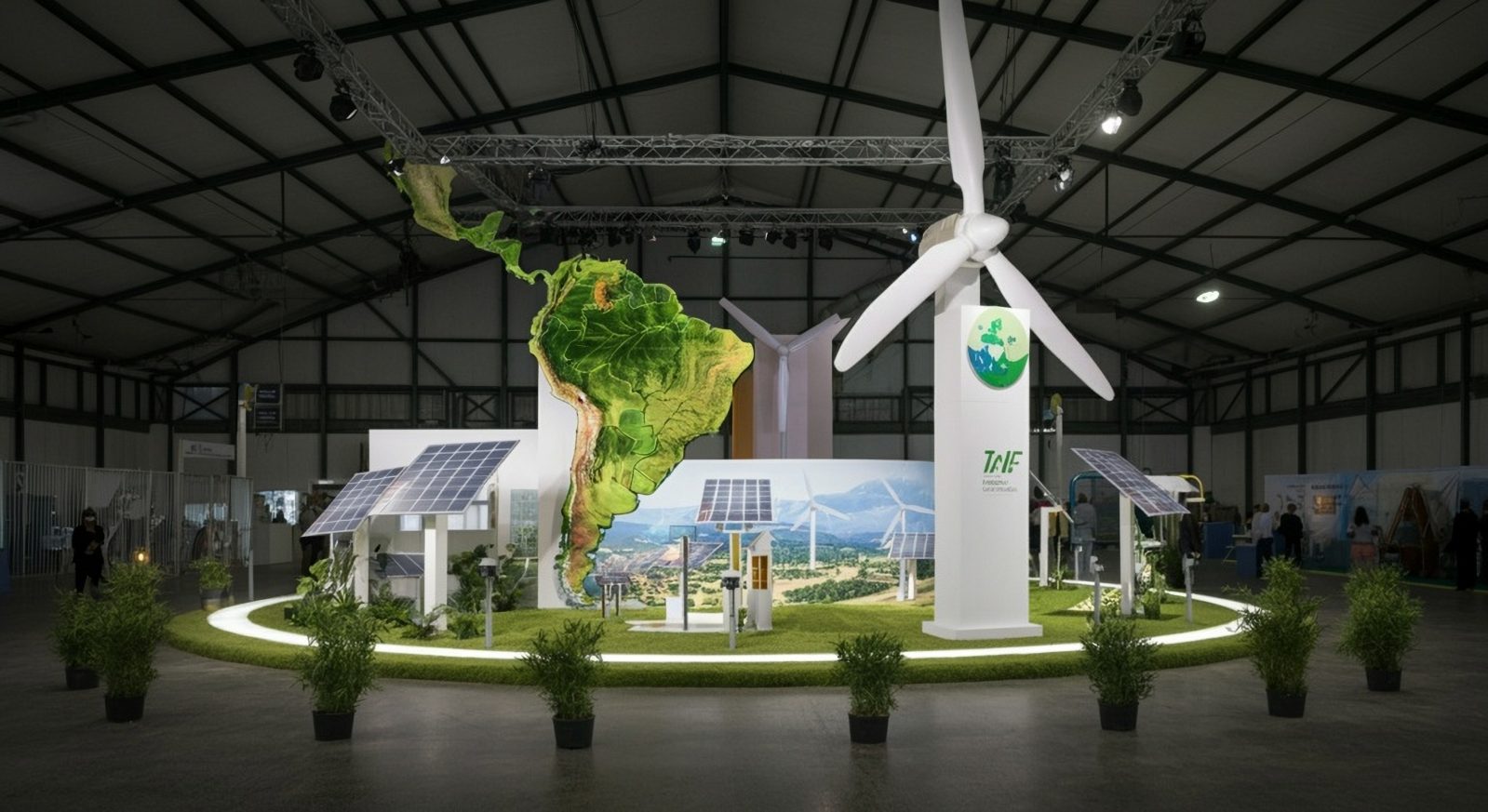 Energy losses in Latin America illustrated through an event center exhibition with a Latin American pavilion on renewable energy and sustainability.