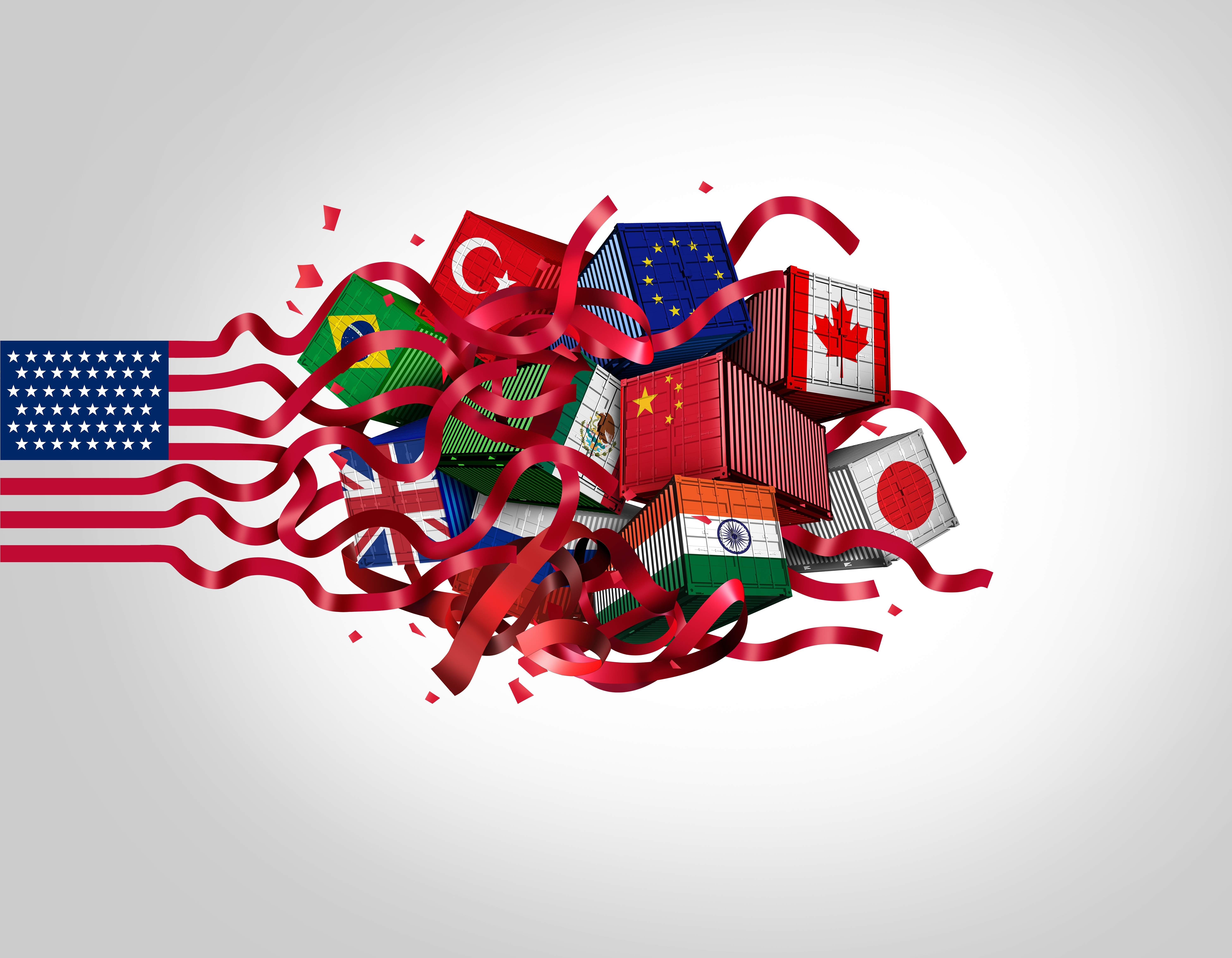 United States global trade war as American tariffs and US taxation policy illustrated in 3D with trade deficit showing US financial strength