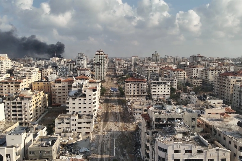 Aerial view of destroyed Rimal neighborhood in North Gaza showing Gaza War Israel Hamas US Role