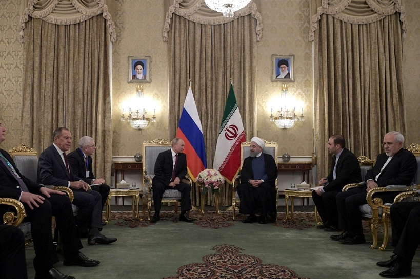 Russian President Vladimir Putin with Iranian President Hassan Rouhani, representing Russia Iran relations strategy