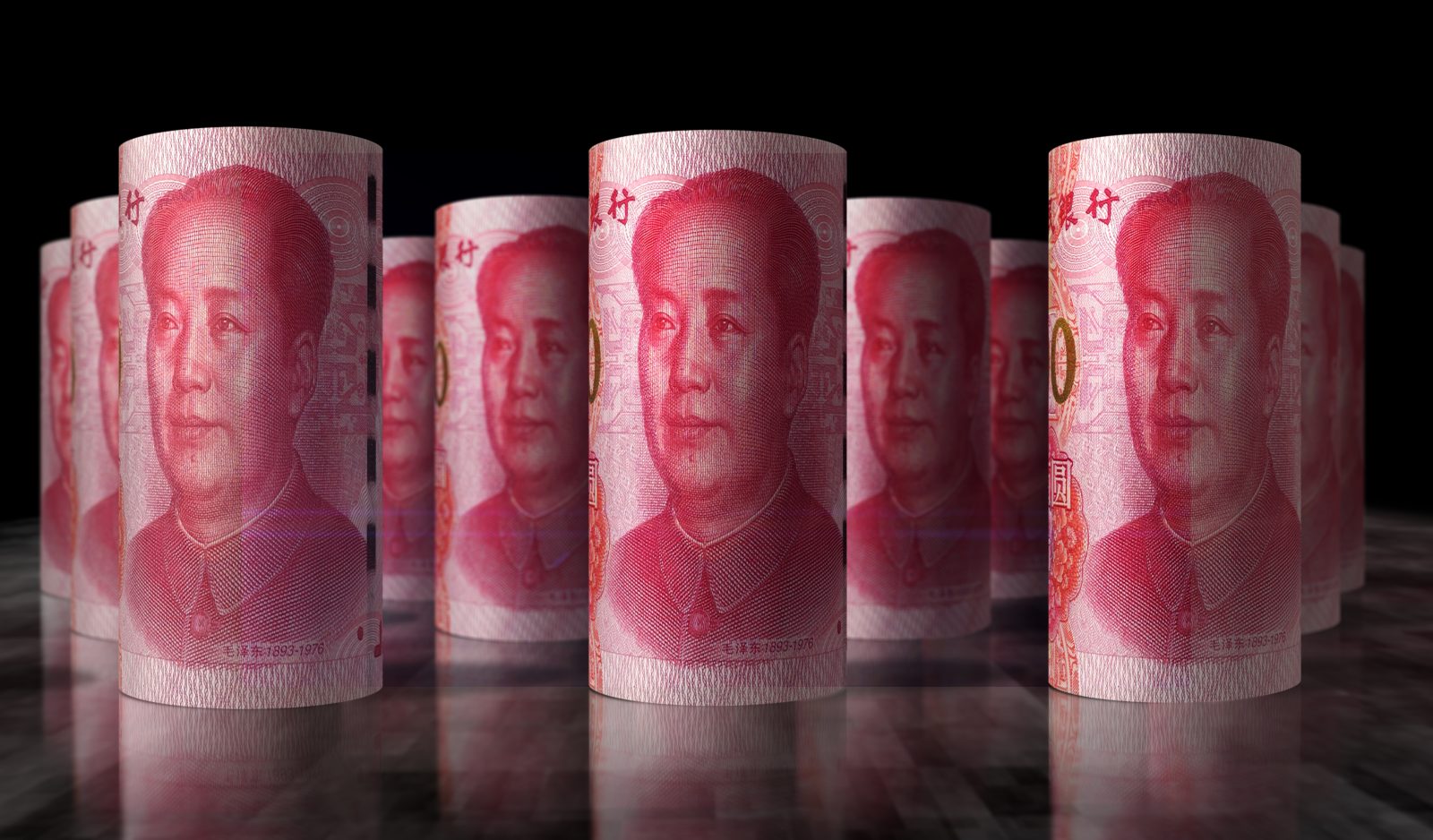 China Renminbi Strategy explained with 3D illustration of RMB rolling banknotes