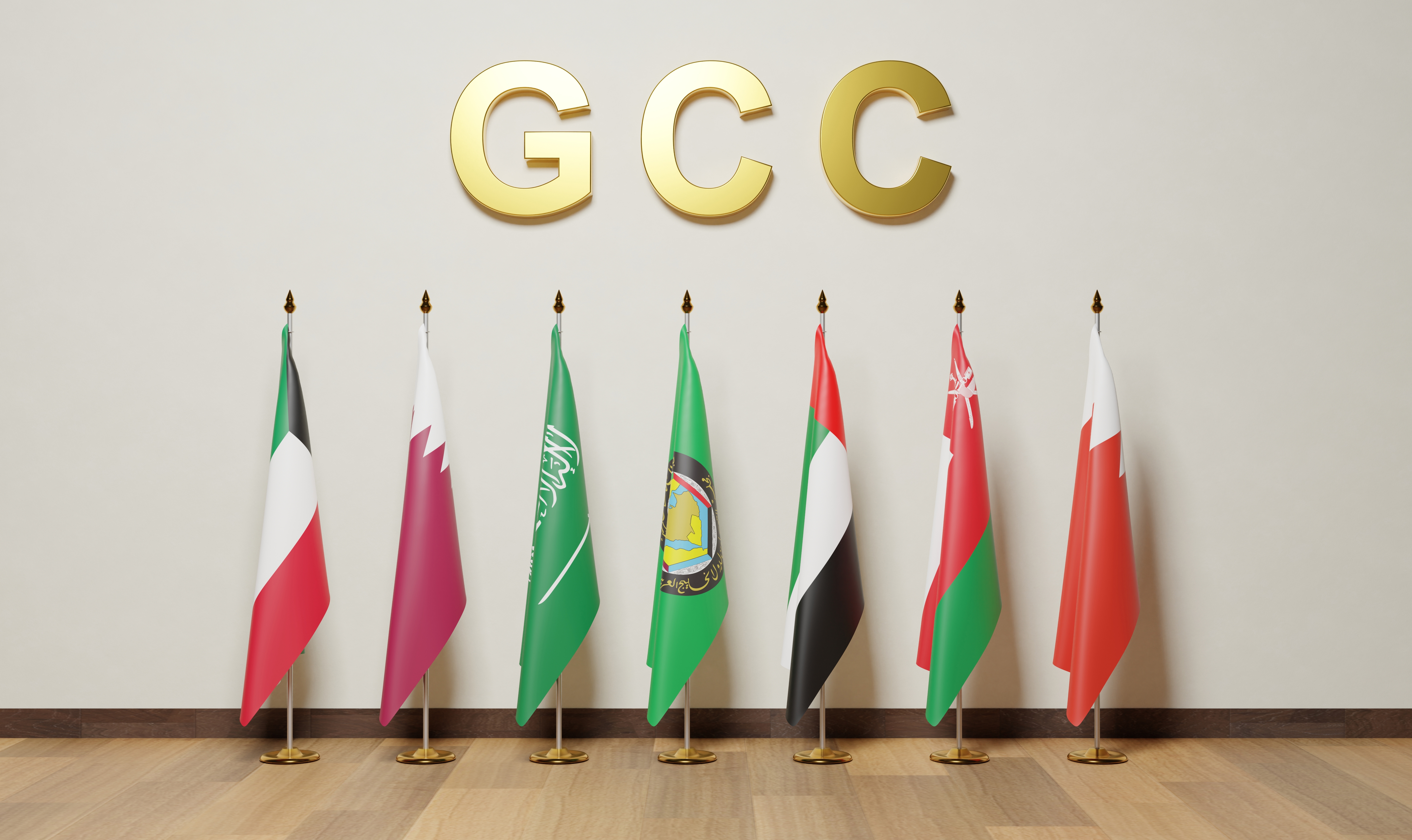 US Gulf Security Relationships illustrated by GCC flags and regional union concept