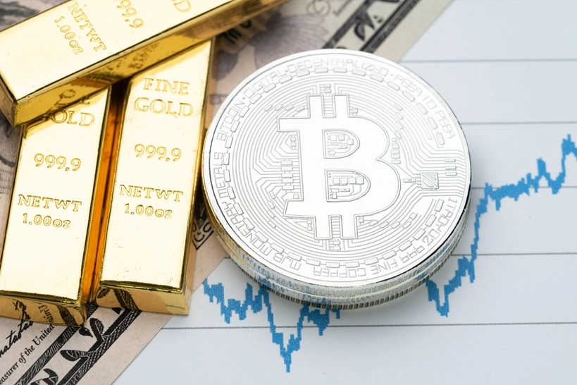 Bitcoin as Safe Haven. Start Commodity and alternative asset, gold bar and crypto currency Bitcoin on rising price graph as financial crisis or war safe haven, investment asset or wealth concept.