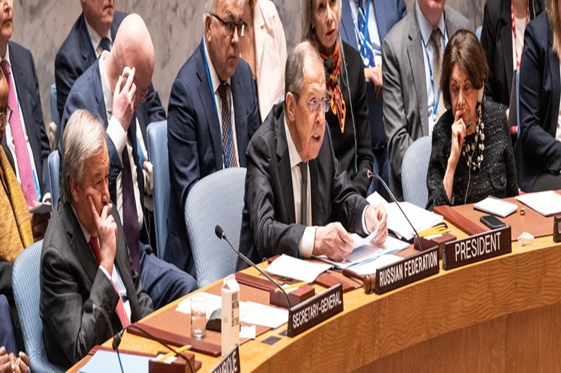 Lavrov UN Speech on Palestine and Middle East. Start Russian Foreign Minister Sergey Lavrov speaks during the Security Council meeting on the maintenance of international peace and security at the United Nations headquarters in New York on April 24, 2023