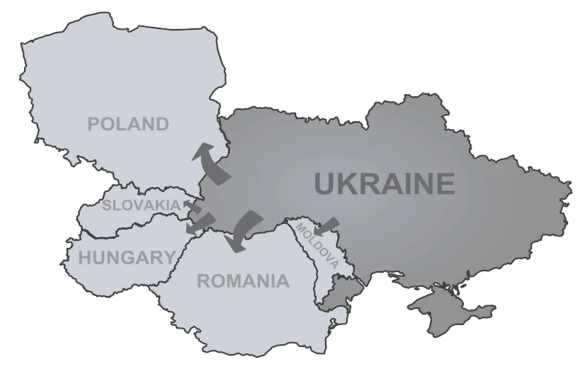 Ukraine War Economic Impacts Eastern Europe Start Ukraine refugees map to neighbors countries. vector