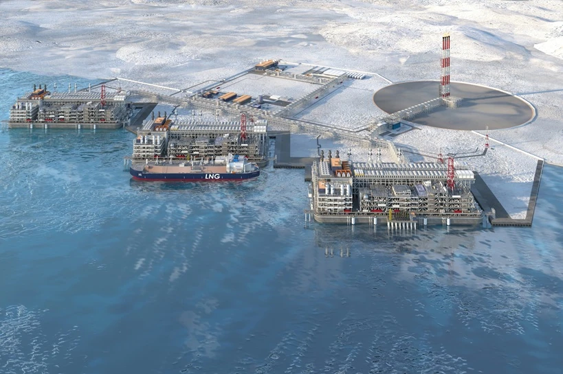 Arctic Climate Change Security Geoengineering Start LNG plant based on gravity type with a gas carrier. The Arctic LNG-2 project. Utrennoye deposit, Yamalo-Nenets Autonomous Region, Russia. 3d rendering